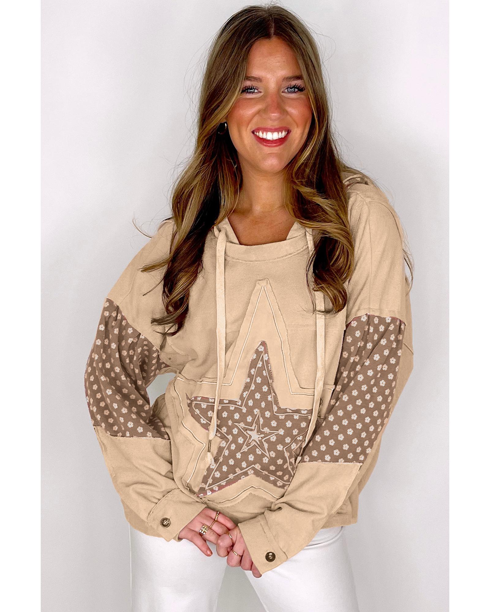 Apricot Floral Patchwork Star Pattern Drawstring Hoodie - L 5