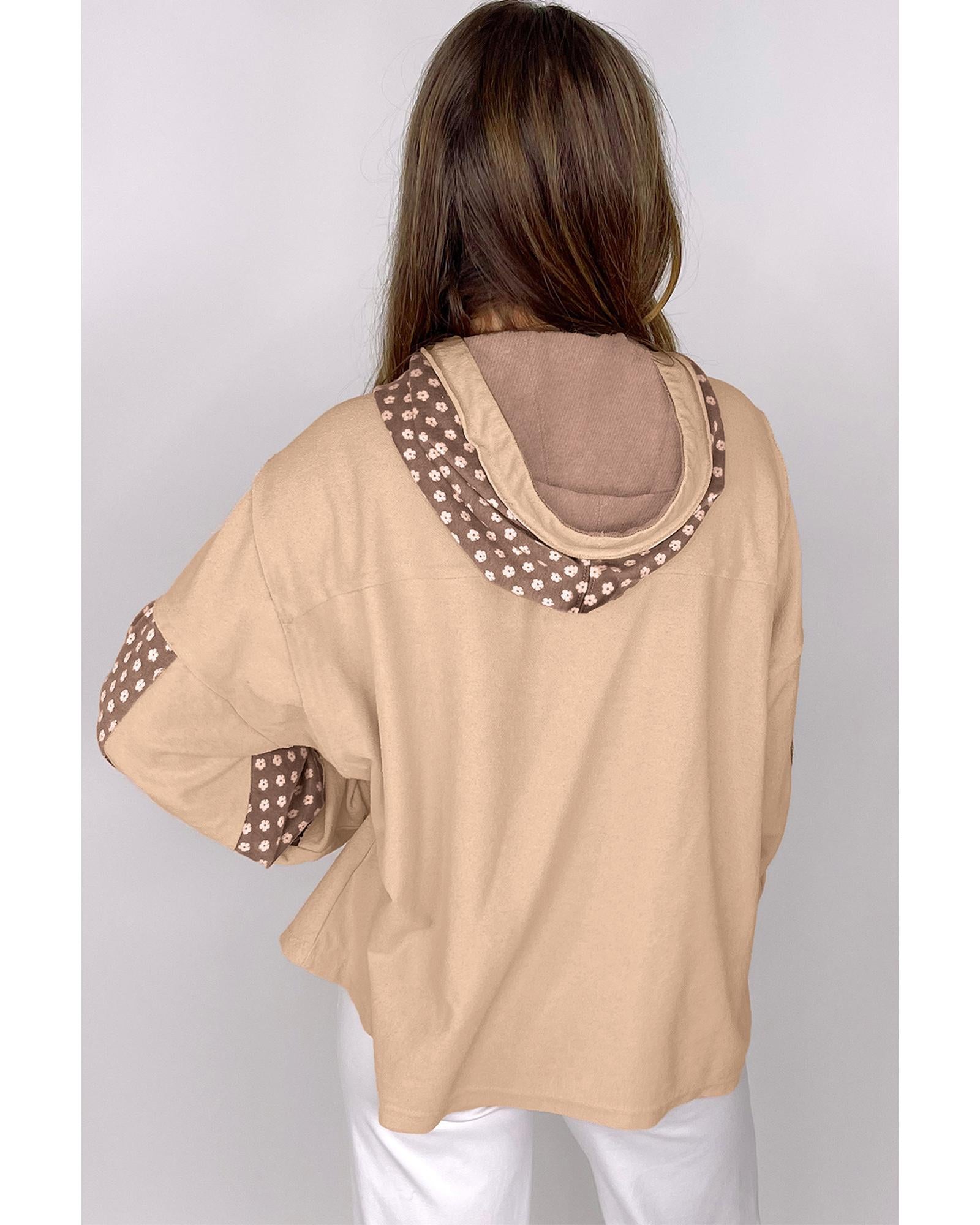 Apricot Floral Patchwork Star Pattern Drawstring Hoodie - M