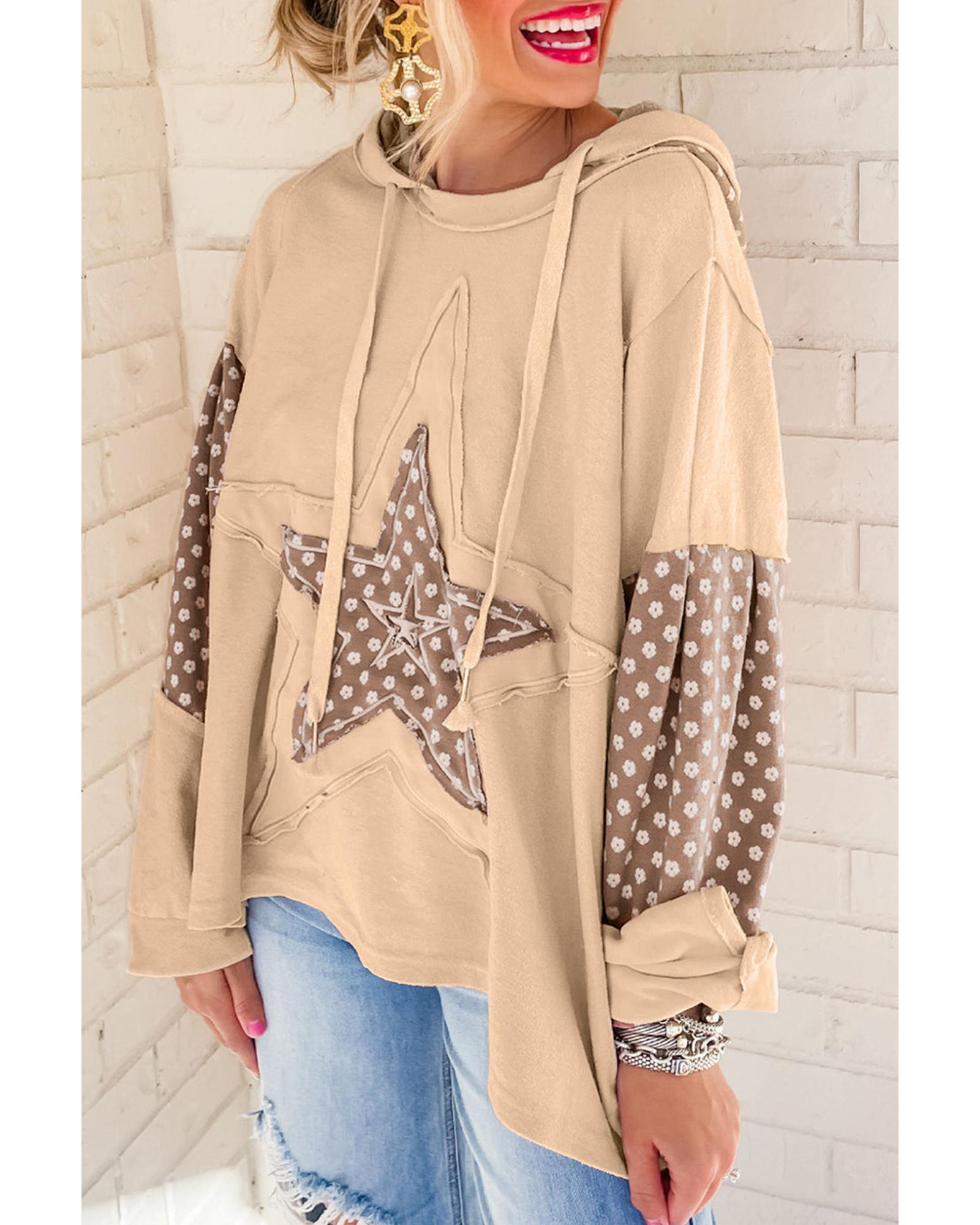 Apricot Floral Patchwork Star Pattern Drawstring Hoodie - S 3