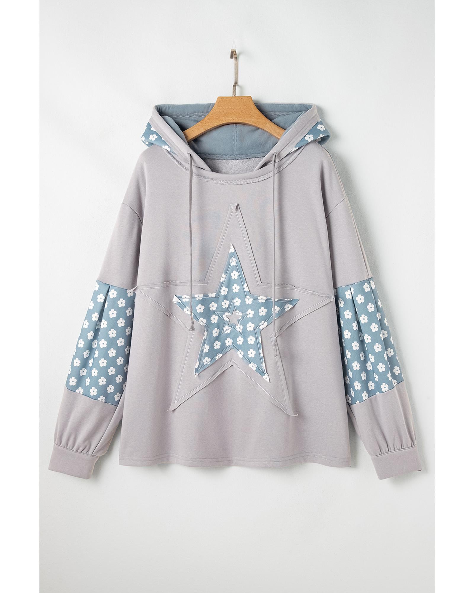 Beau Blue Floral Patchwork Star Pattern Drawstring Hoodie - M 8