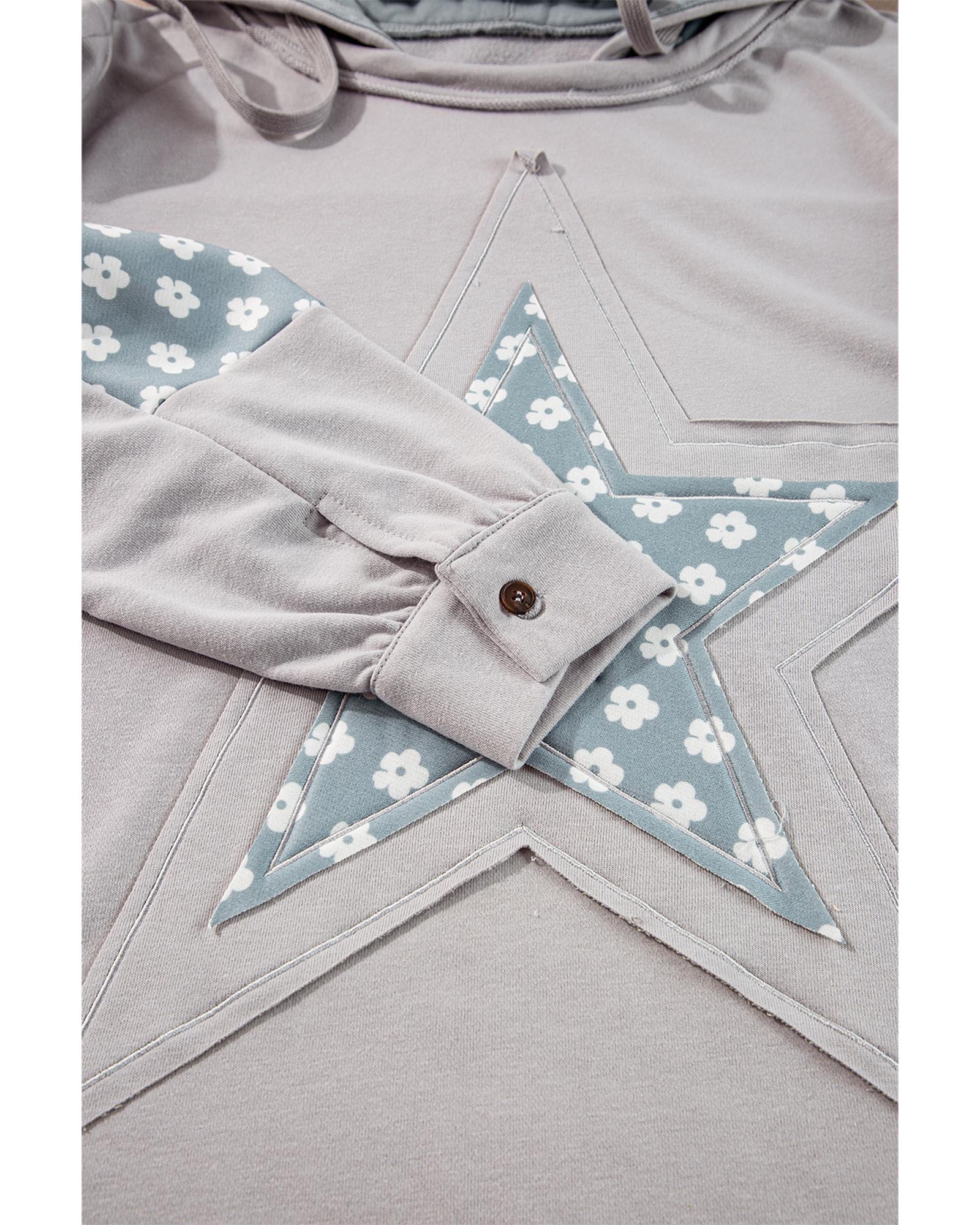 Beau Blue Floral Patchwork Star Pattern Drawstring Hoodie - S