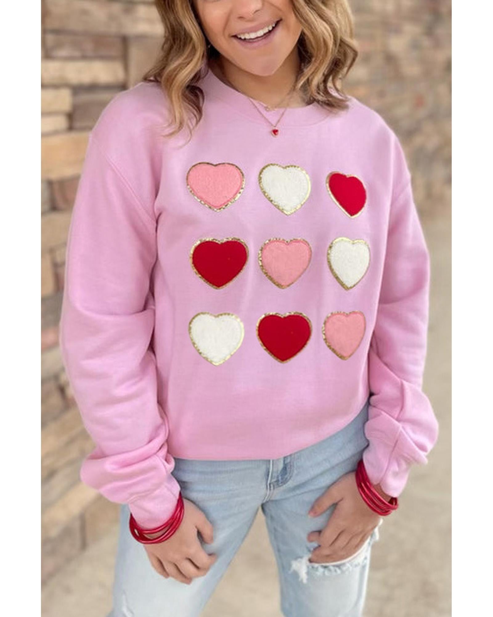 Pink Glitter Chenille Heart Patch Valentines Sweatshirt - L 5