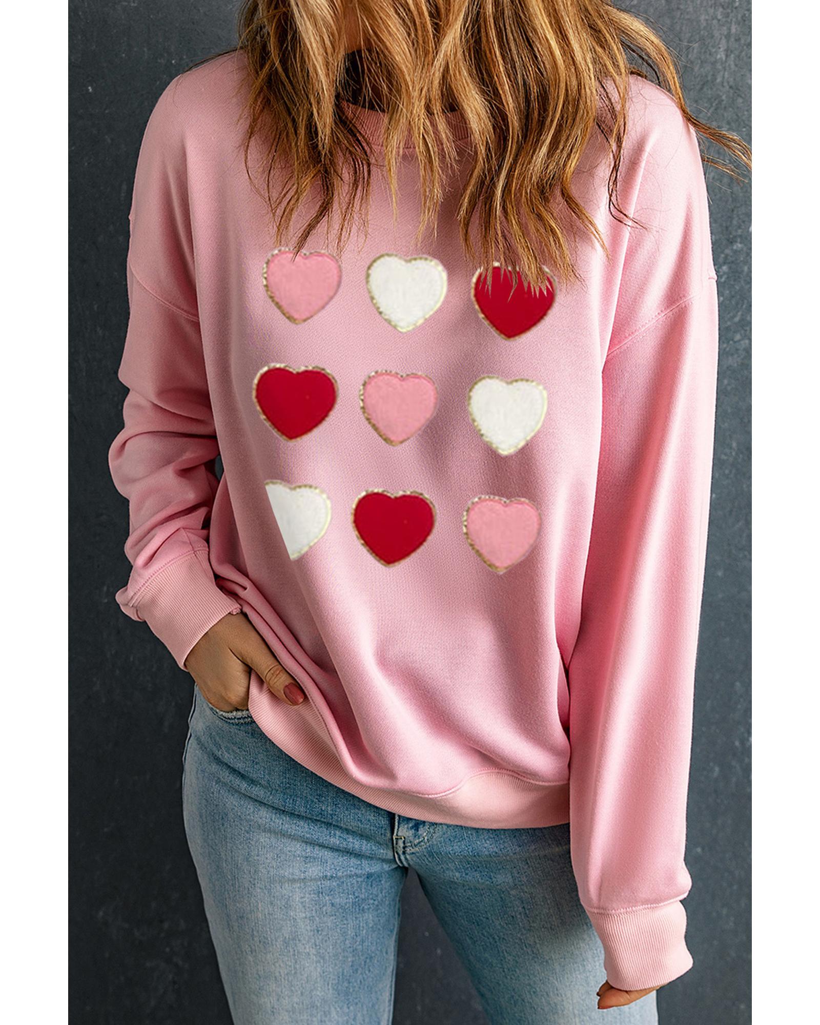 Pink Glitter Chenille Heart Patch Valentines Sweatshirt - XL