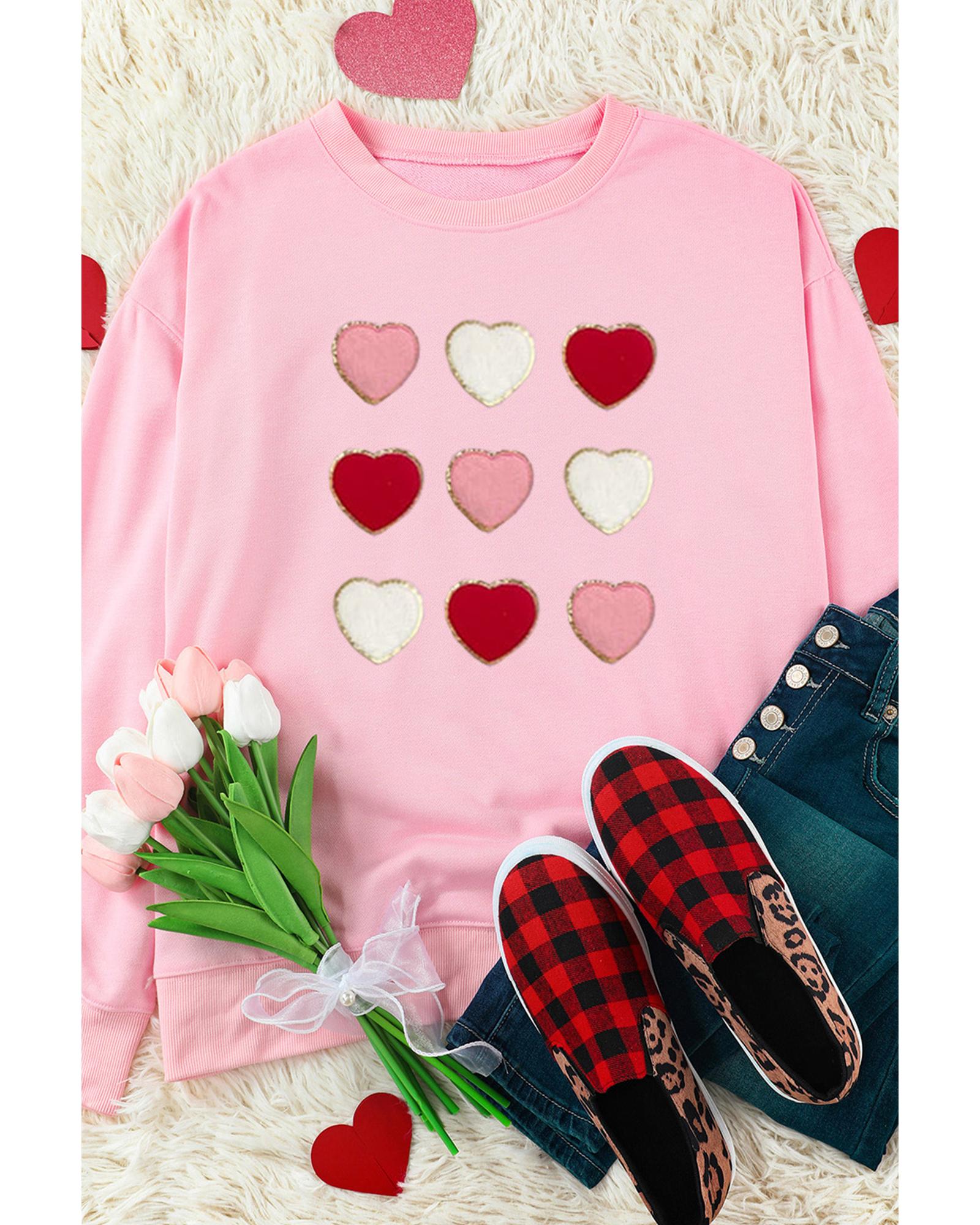 Pink Glitter Chenille Heart Patch Valentines Sweatshirt - XL 3