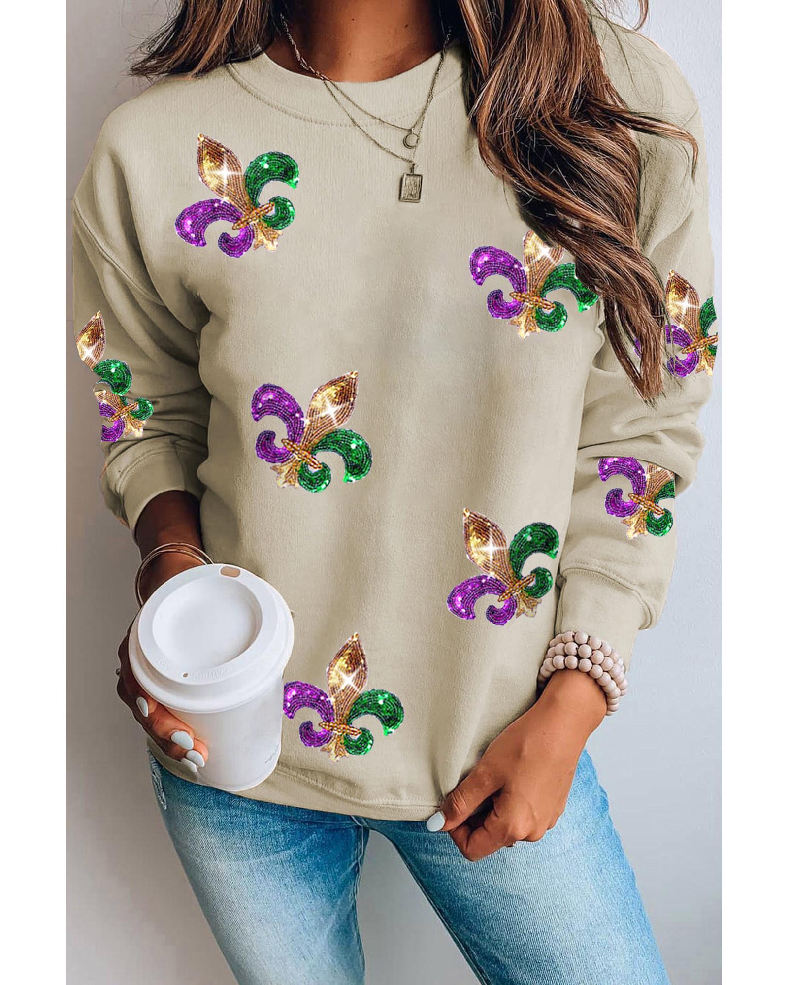 Khaki Sequin Mardi Gras Graphic Pullover Sweatshirt - 2XL