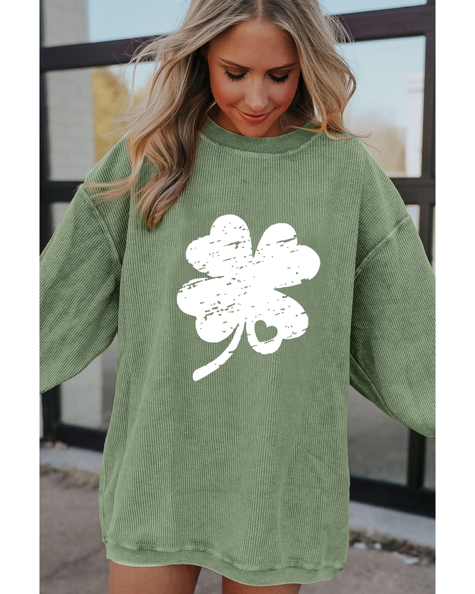 Grass Green Distressed Clover Print St Patricks Corded Sweatshirt - S