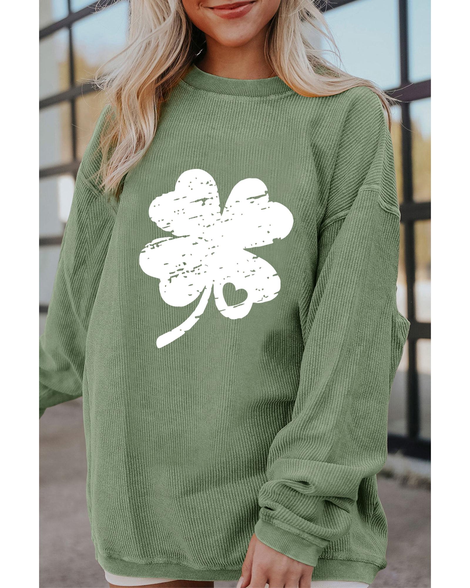 Grass Green Distressed Clover Print St Patricks Corded Sweatshirt - S 3