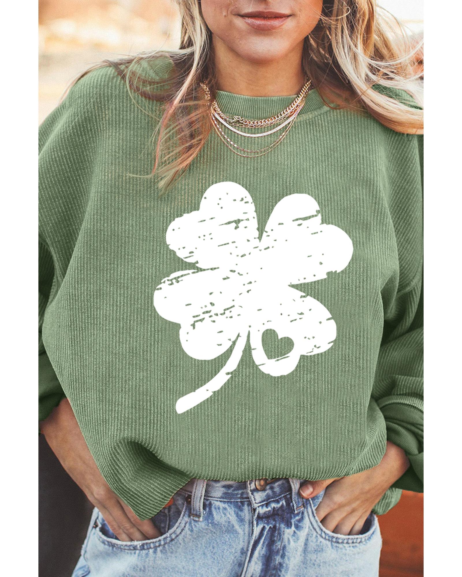 Grass Green Distressed Clover Print St Patricks Corded Sweatshirt - S 5