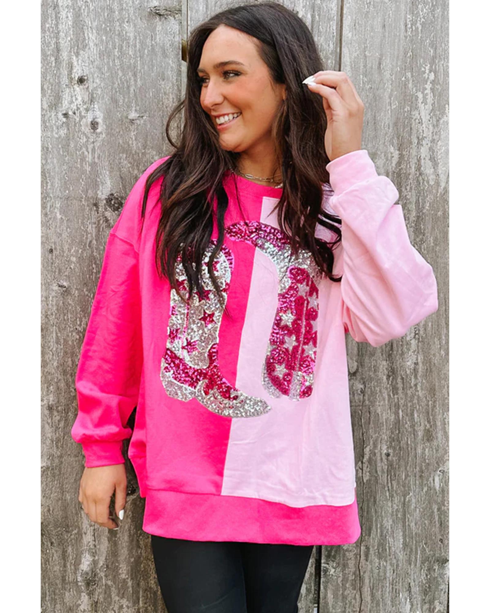 Pink Color Block Sequined Cowgirl Boots Graphic Sweatshirt - L