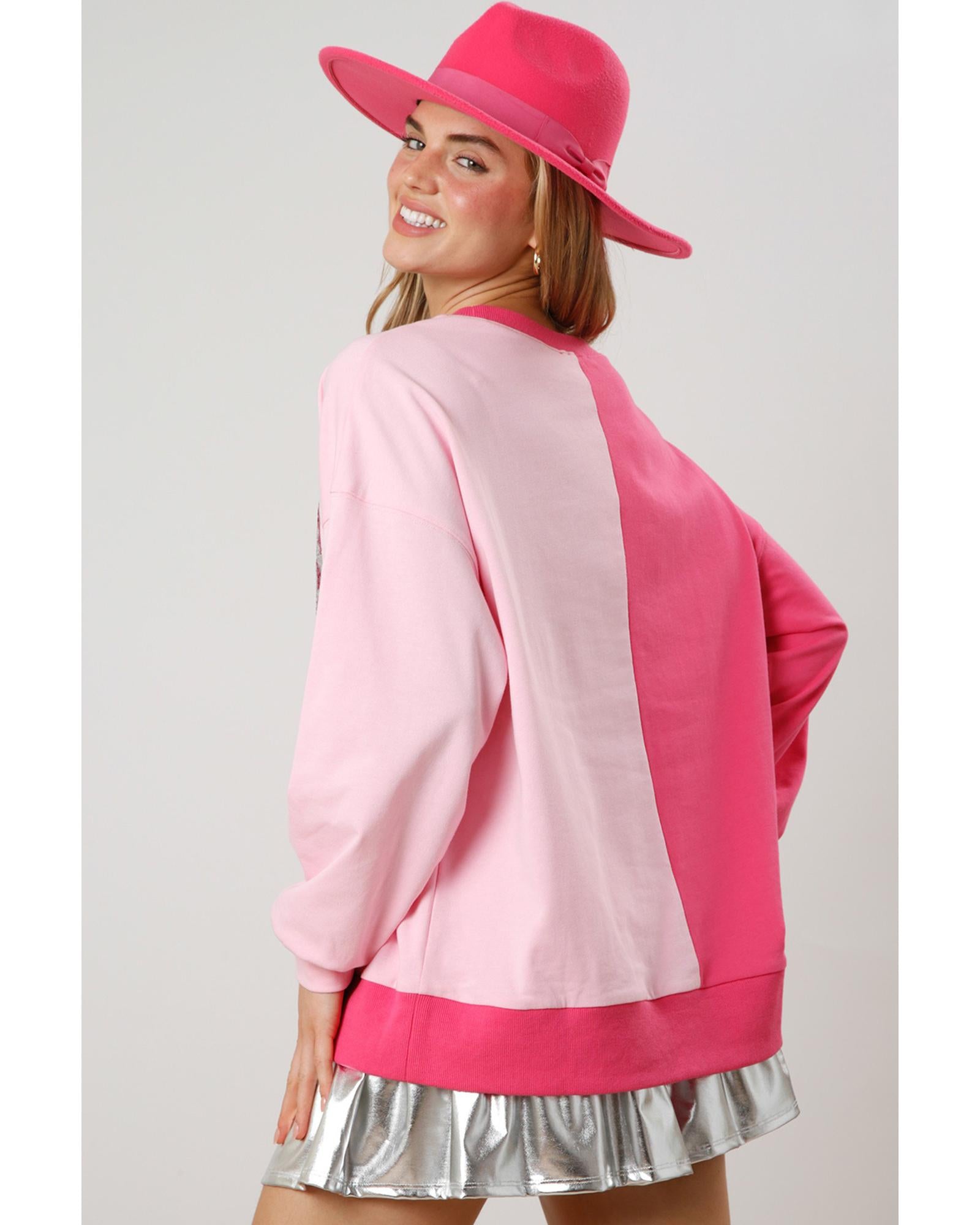 Pink Color Block Sequined Cowgirl Boots Graphic Sweatshirt - M