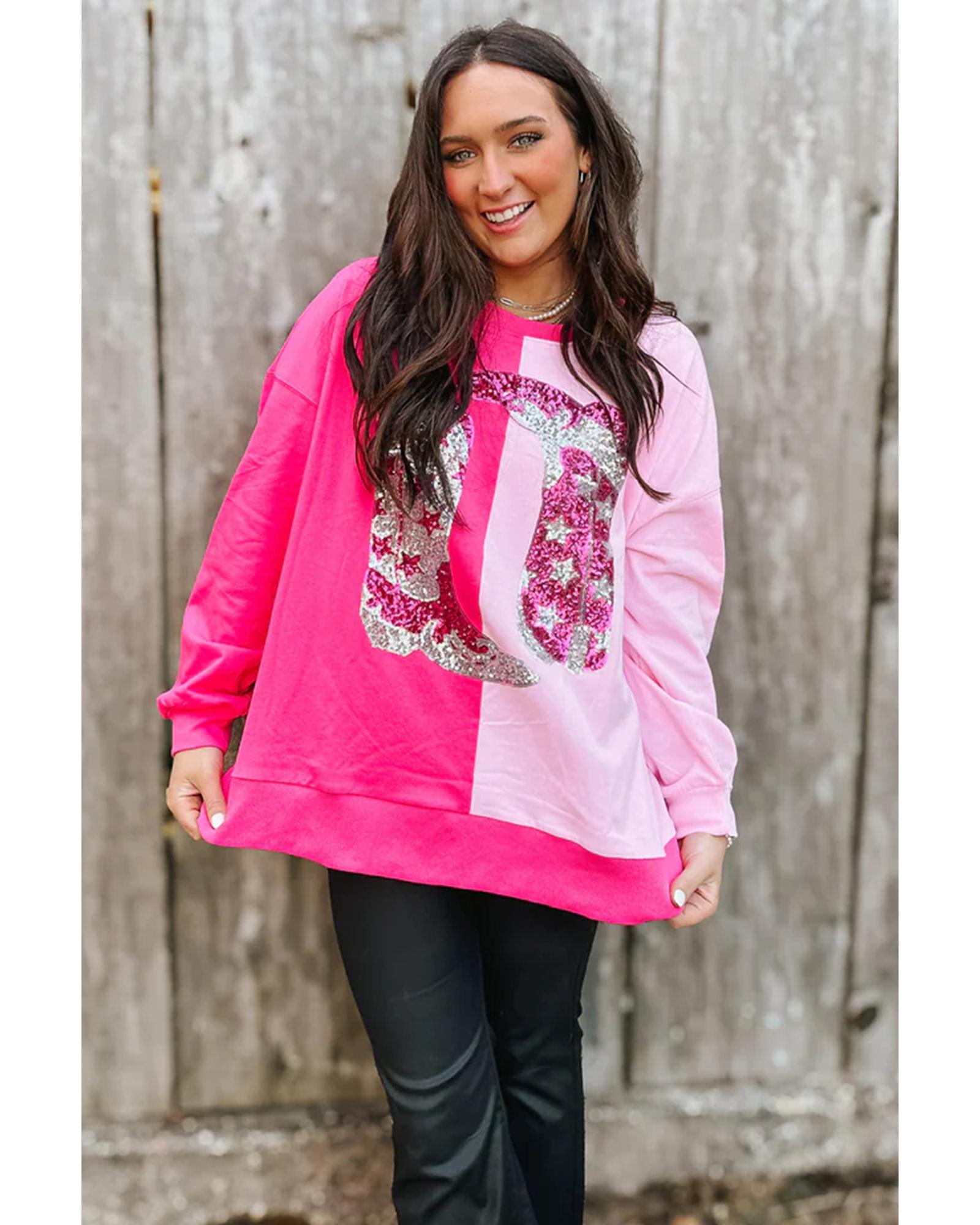 Pink Color Block Sequined Cowgirl Boots Graphic Sweatshirt - M 8