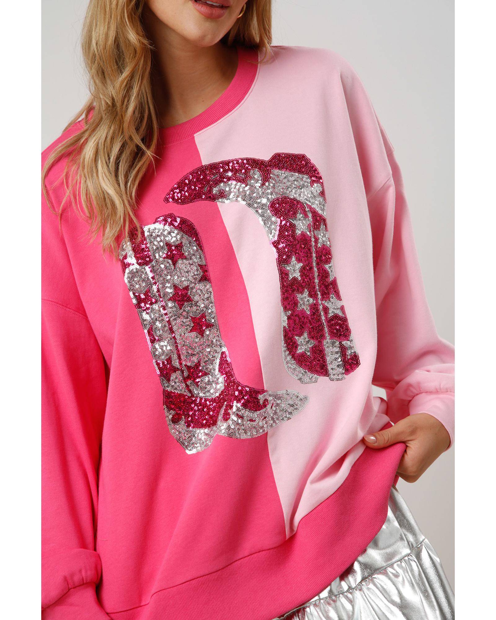 Pink Color Block Sequined Cowgirl Boots Graphic Sweatshirt - S