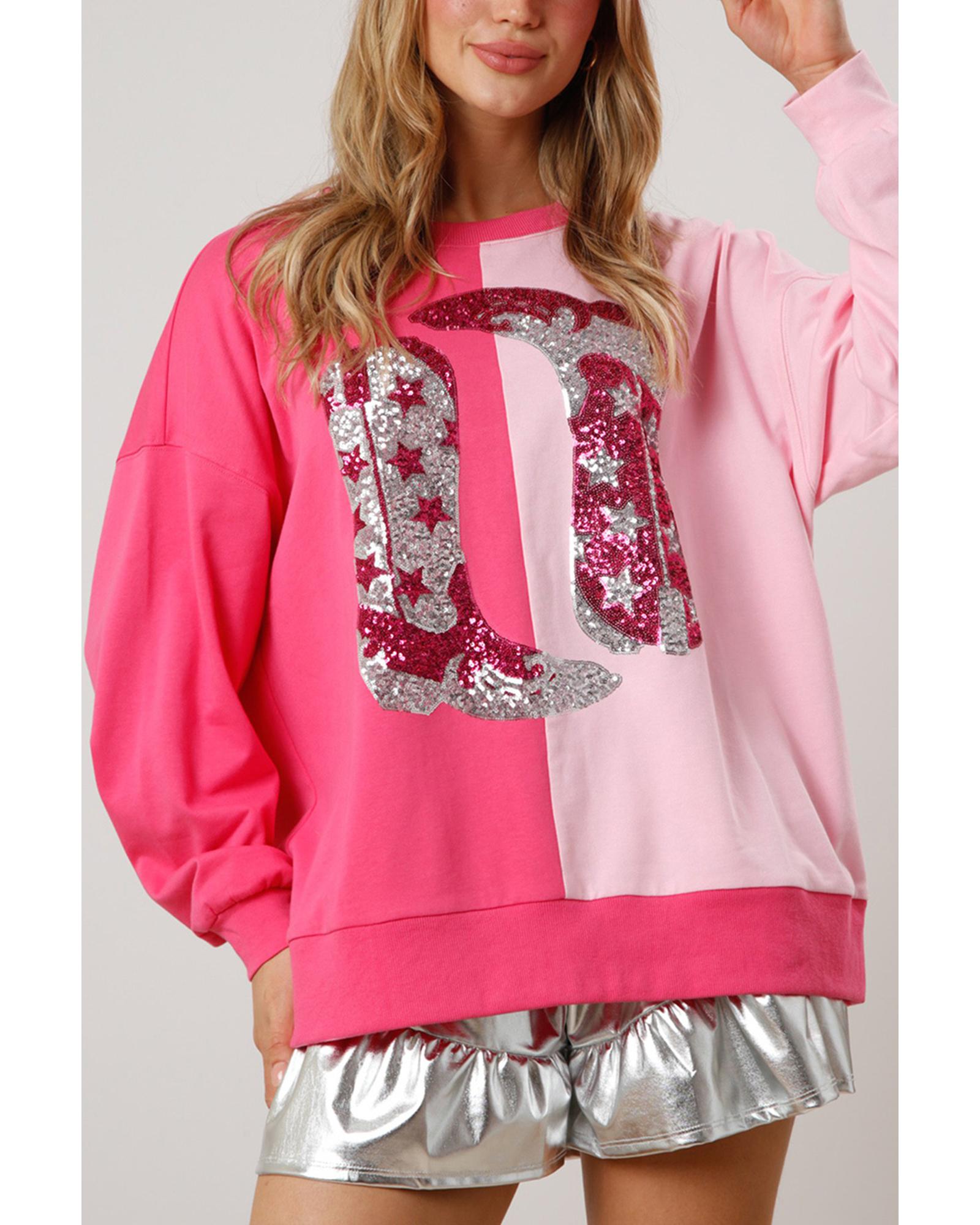 Pink Color Block Sequined Cowgirl Boots Graphic Sweatshirt - S 3