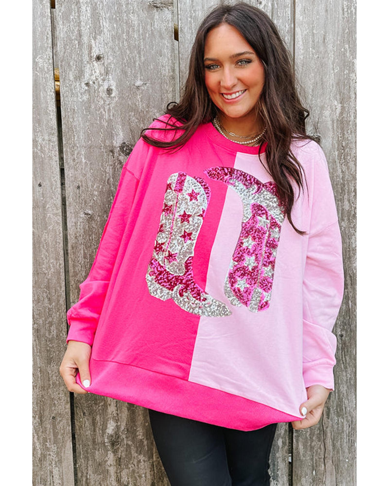 Pink Color Block Sequined Cowgirl Boots Graphic Sweatshirt - S 4