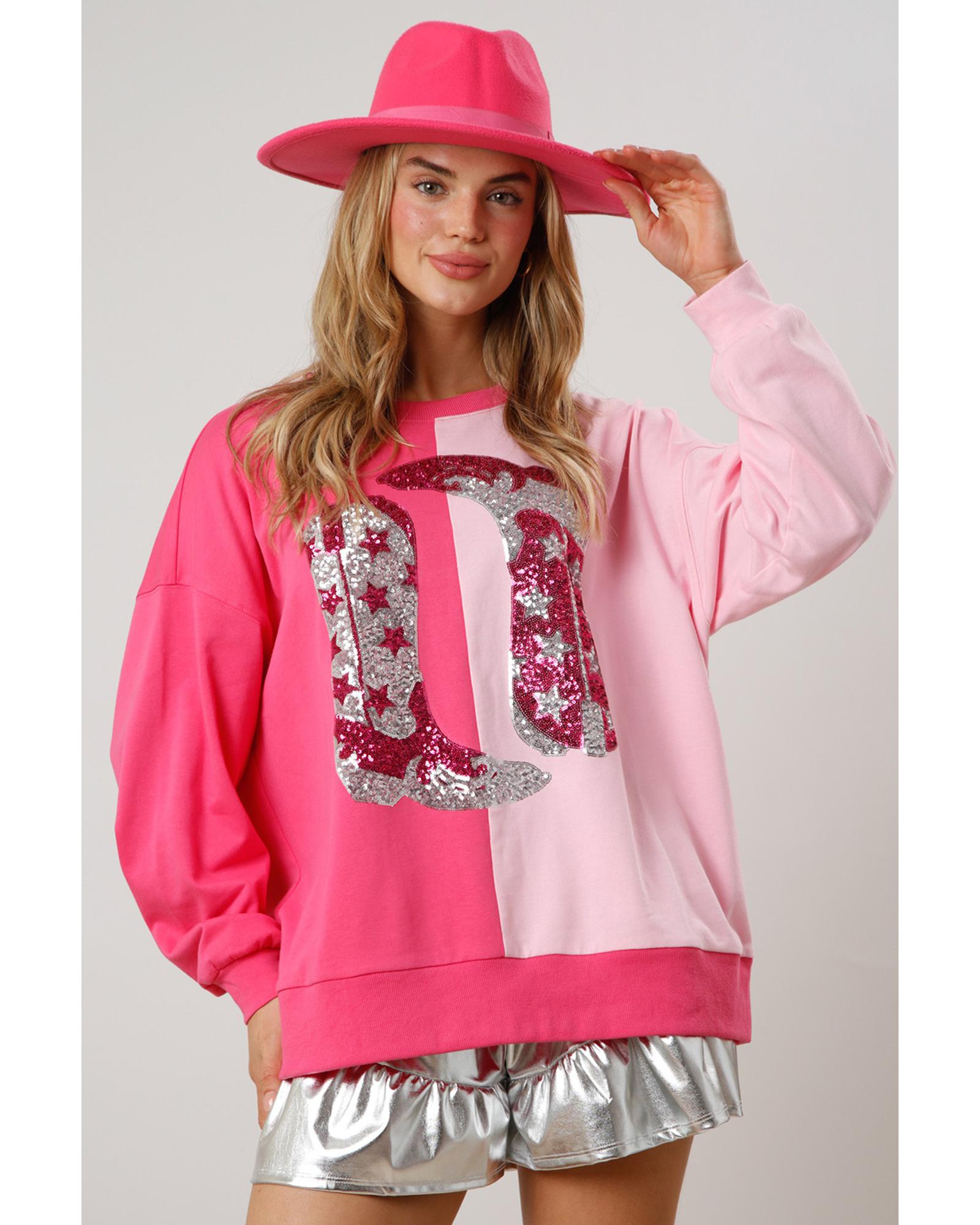 Pink Color Block Sequined Cowgirl Boots Graphic Sweatshirt - XL 5