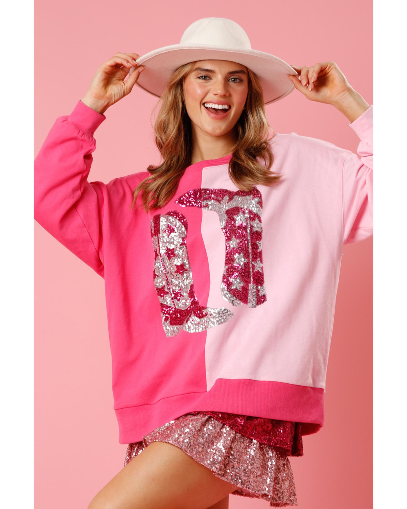 Pink Color Block Sequined Cowgirl Boots Graphic Sweatshirt - XL 7