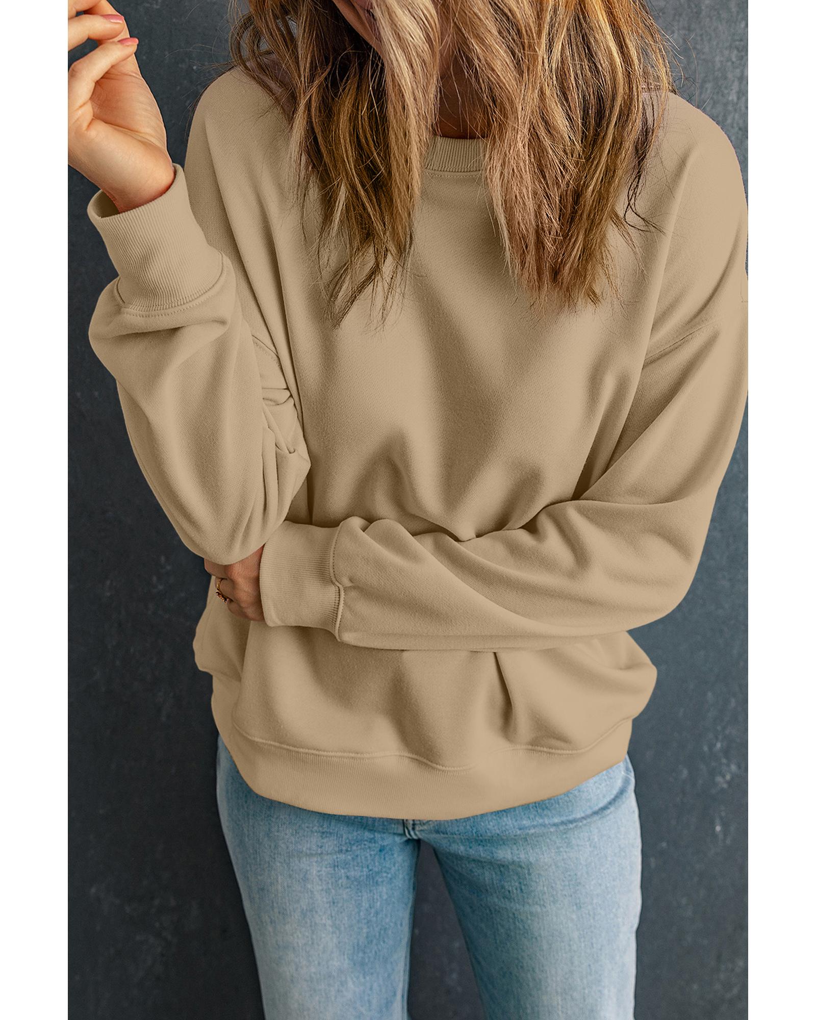 Khaki Solid Classic Crewneck Pullover Sweatshirt - L
