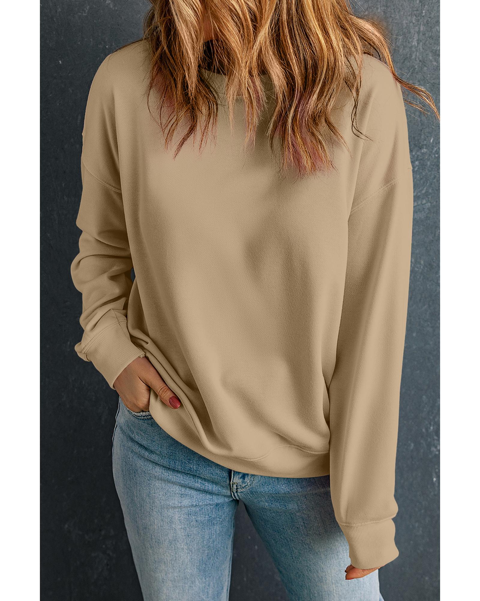 Khaki Solid Classic Crewneck Pullover Sweatshirt - M 4