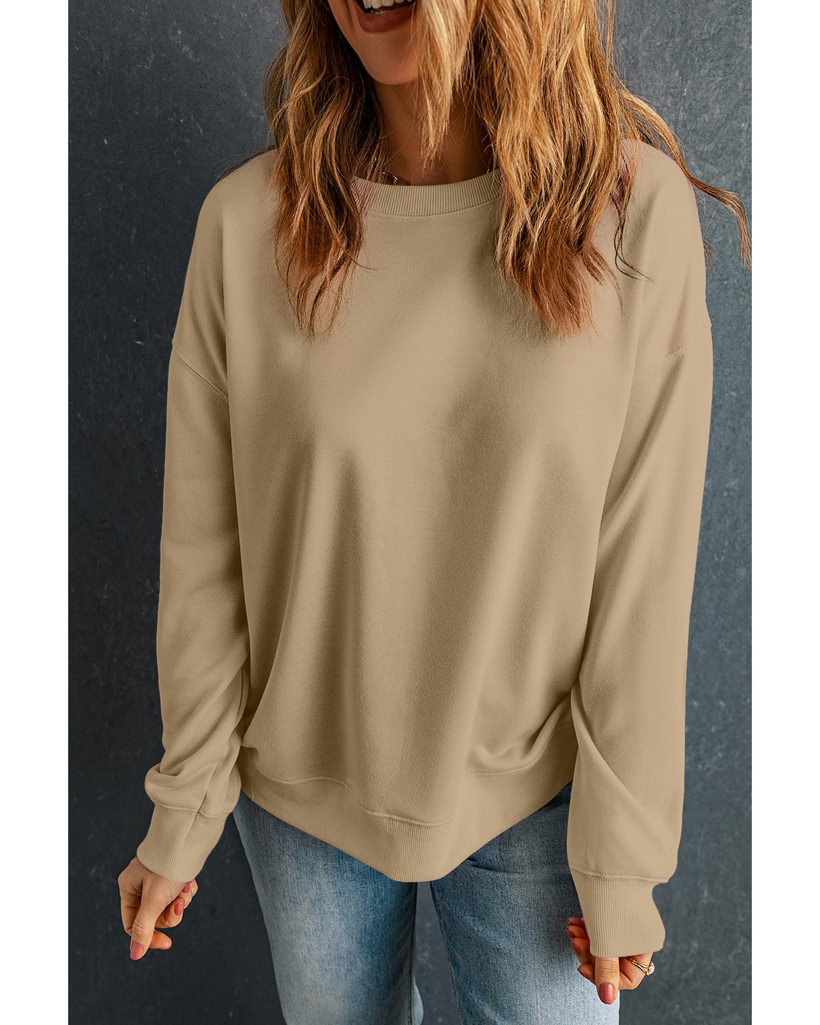 Khaki Solid Classic Crewneck Pullover Sweatshirt - XL