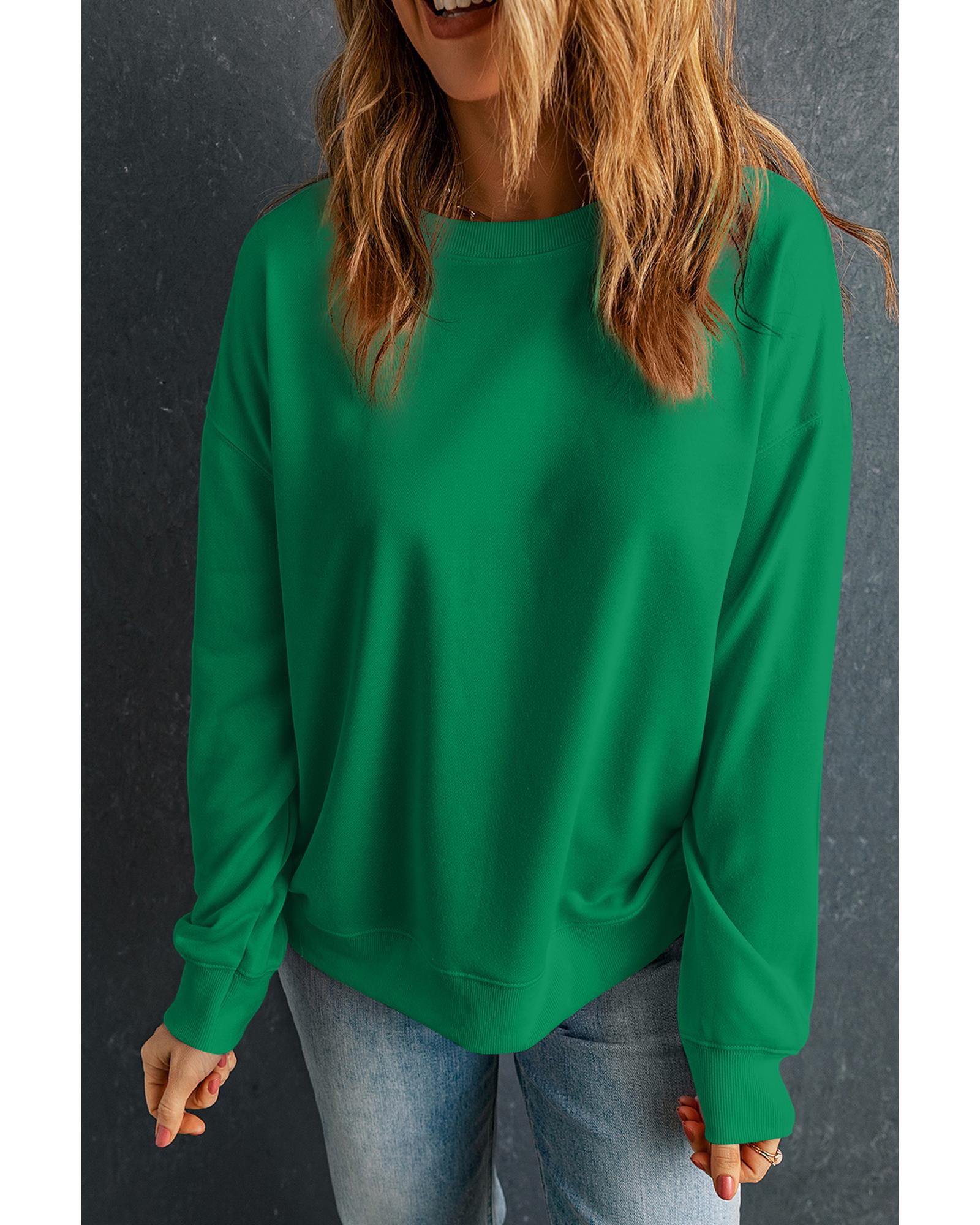 Dark Green Solid Classic Crewneck Pullover Sweatshirt - L