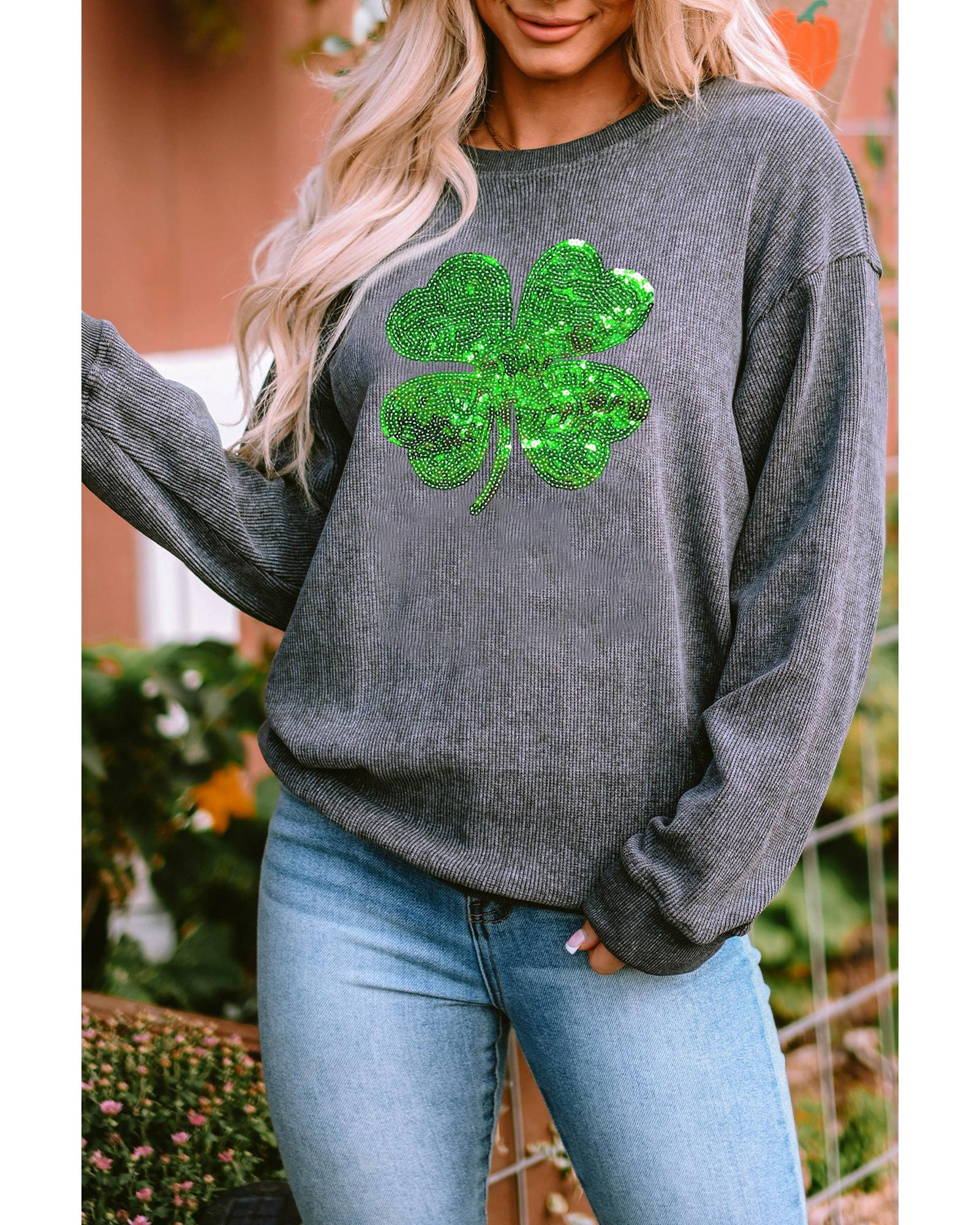 Gray Sequin St Patrick Clover Patch Corded Sweatshirt - L