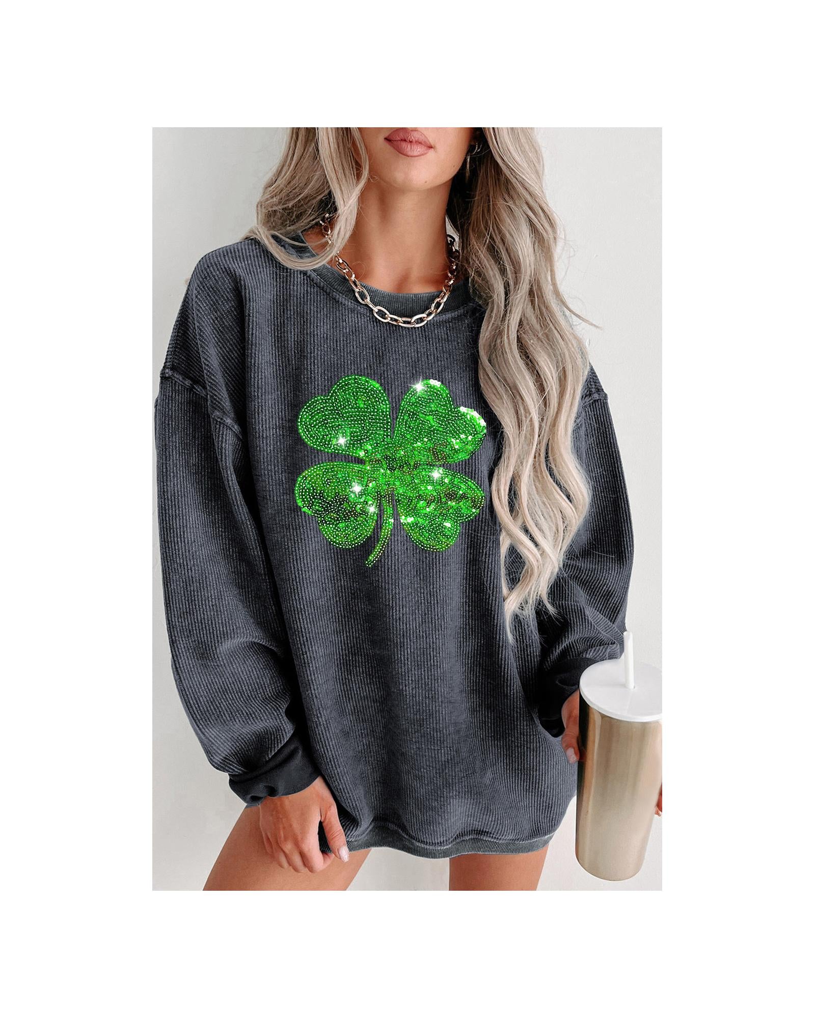 Gray Sequin St Patrick Clover Patch Corded Sweatshirt - S