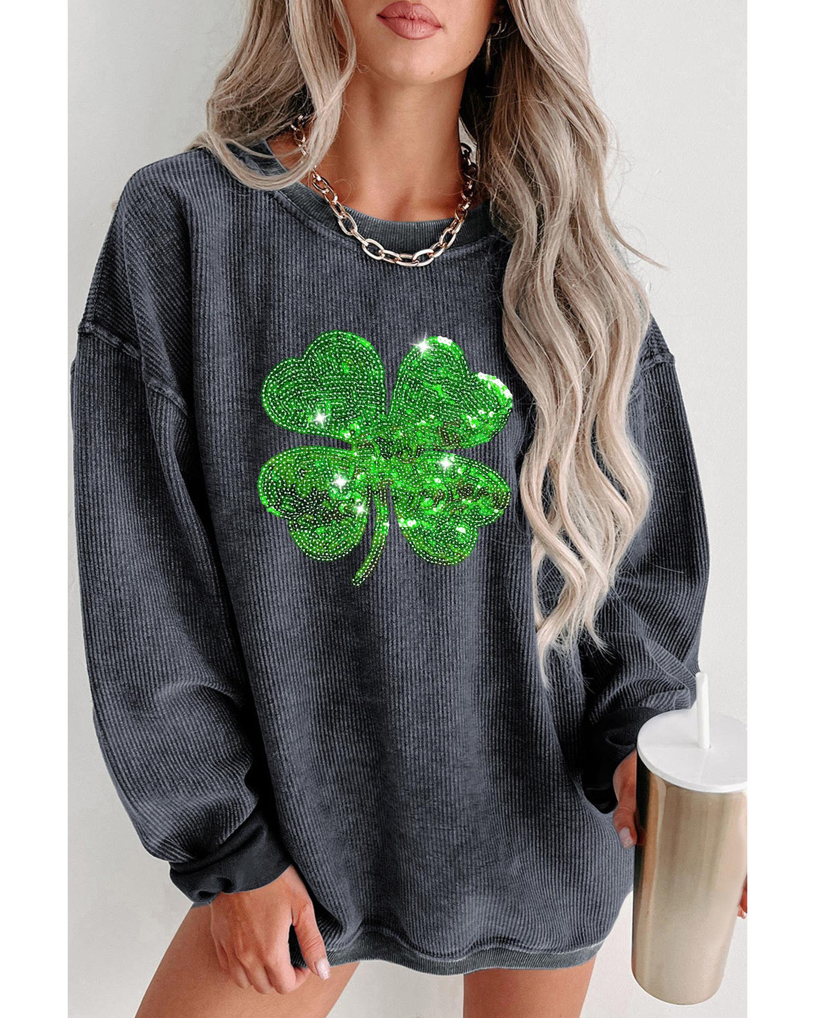 Gray Sequin St Patrick Clover Patch Corded Sweatshirt - XL
