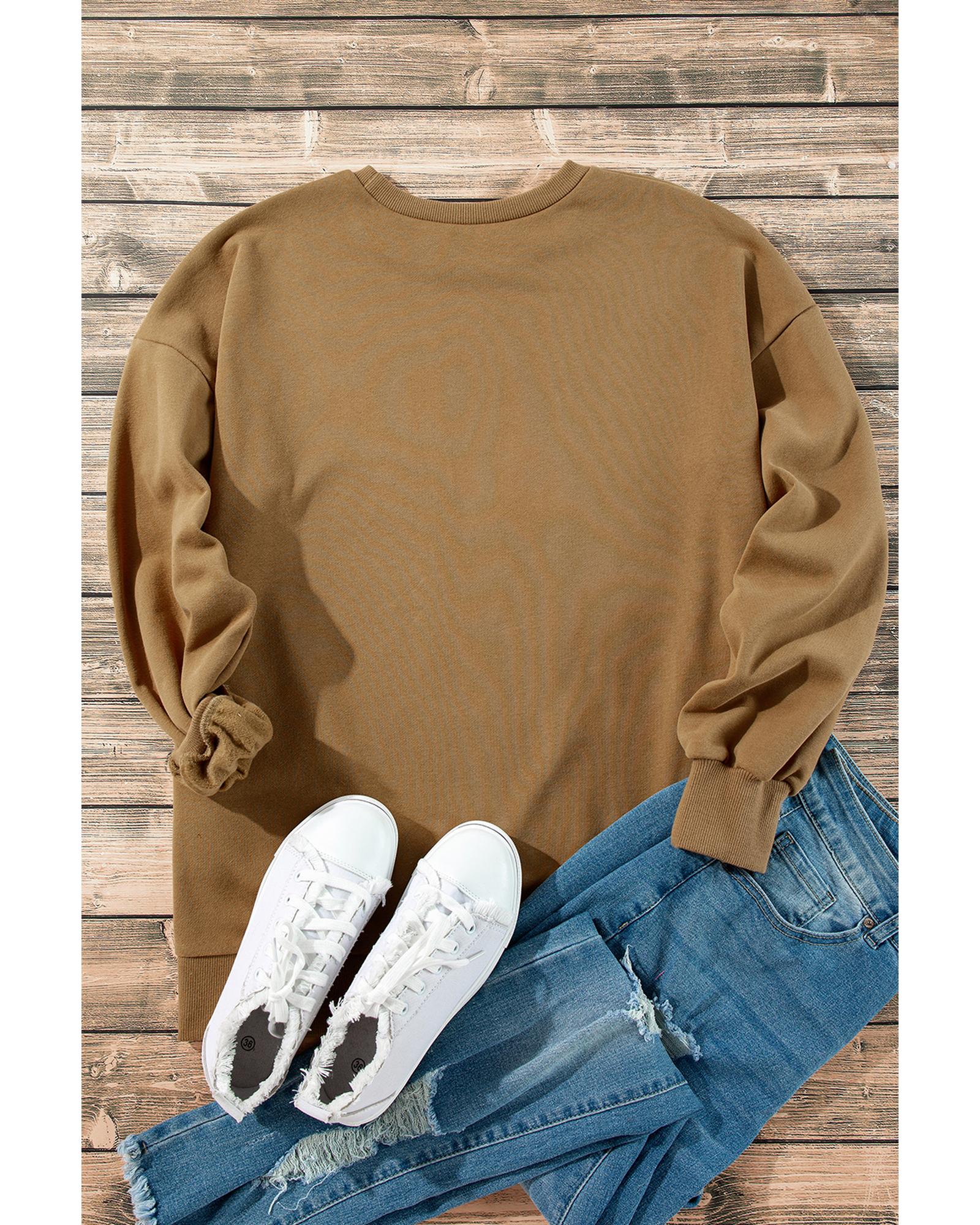 Camel Solid Fleece Lined Drop Shoulder High Low Sweatshirt - L 3