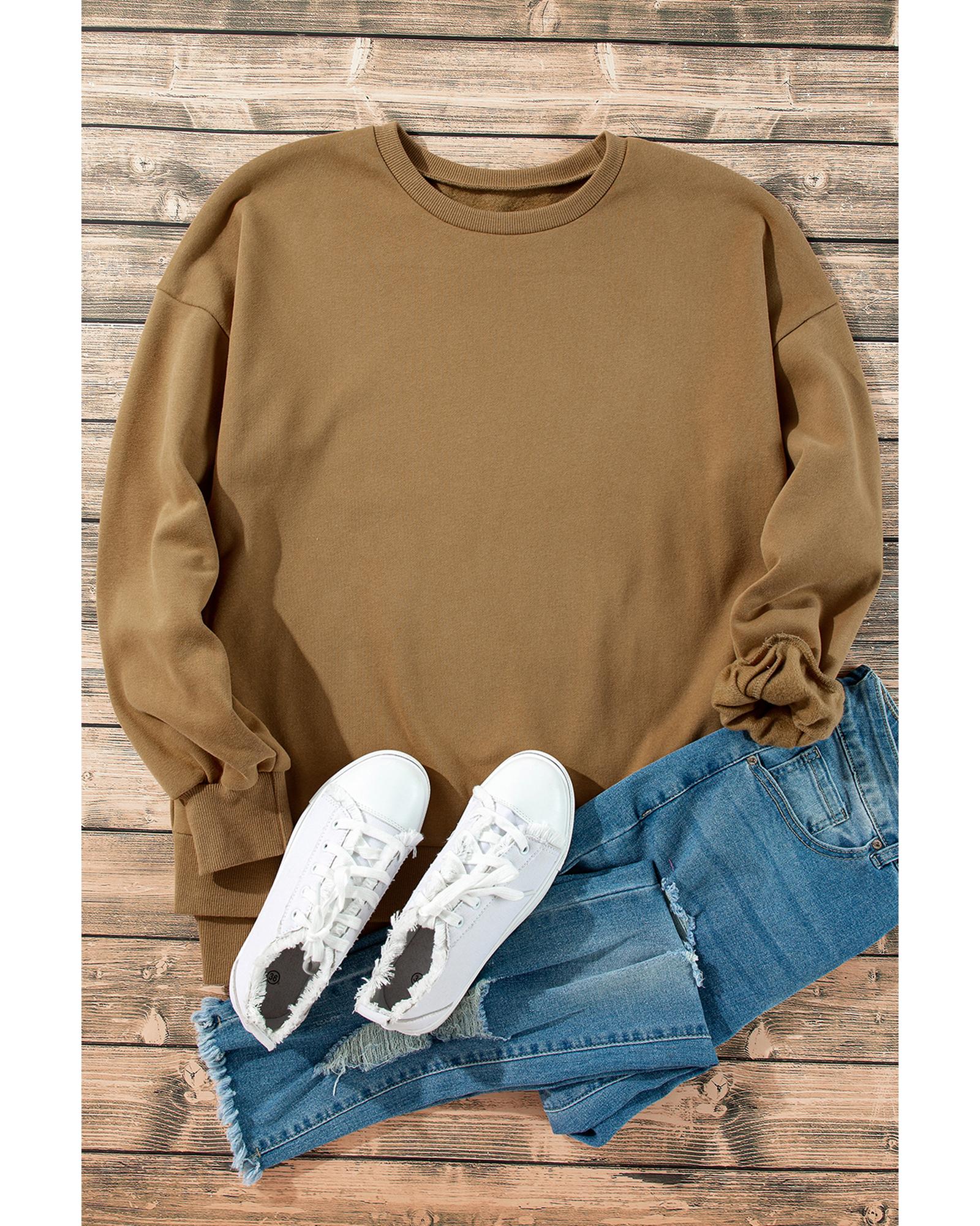 Camel Solid Fleece Lined Drop Shoulder High Low Sweatshirt - XL 5