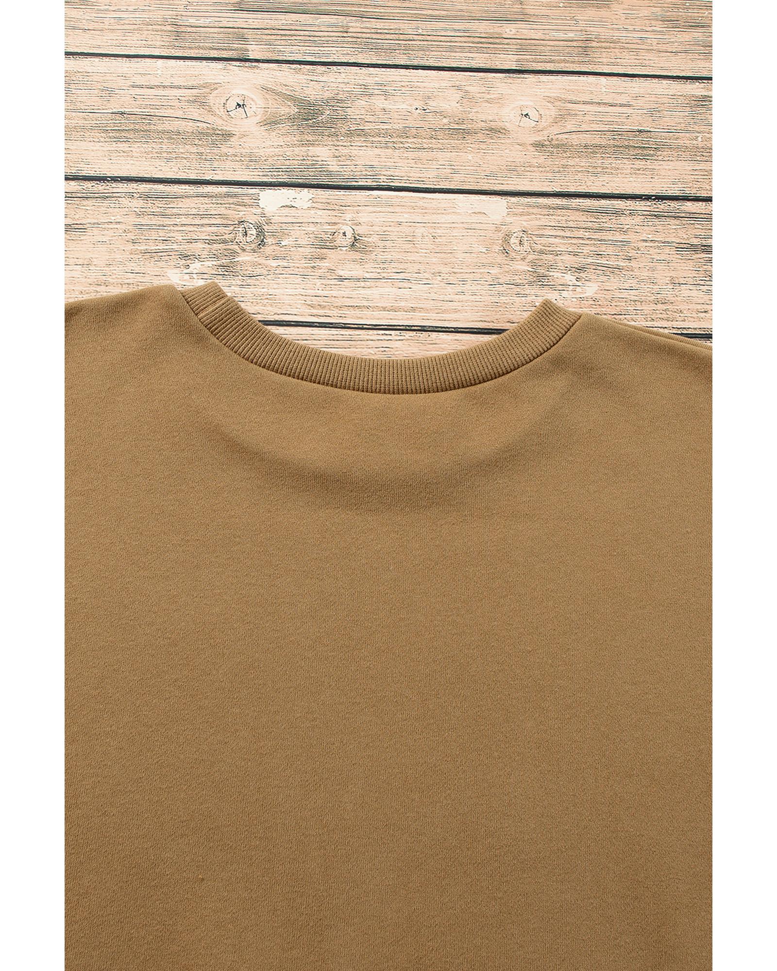 Camel Solid Fleece Lined Drop Shoulder High Low Sweatshirt - XL 7