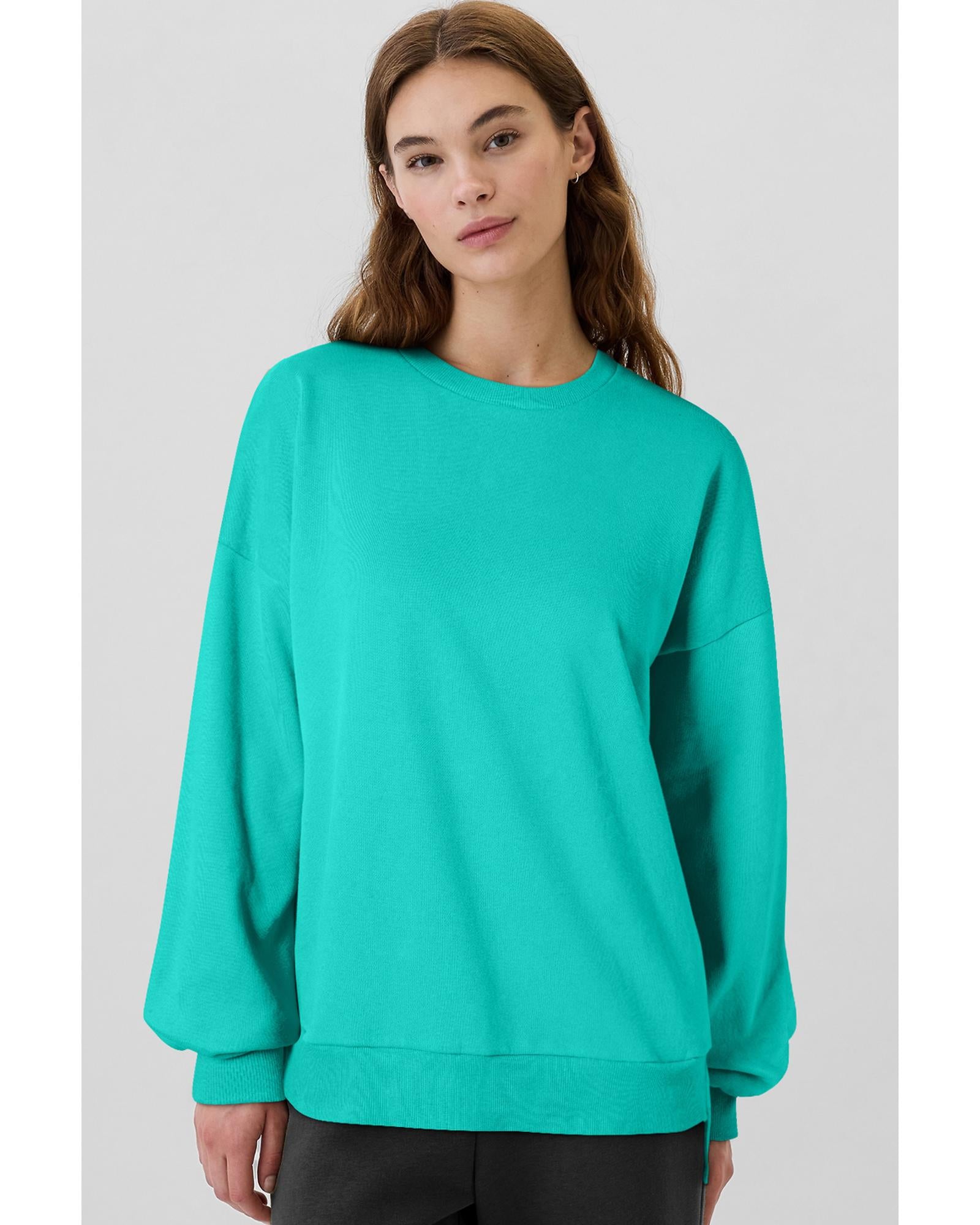 Sea Green Solid Fleece Lined Drop Shoulder High Low Sweatshirt - L