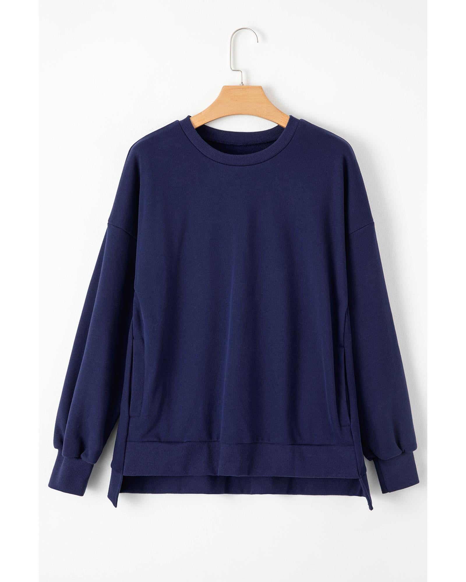Navy Blue Solid Fleece Lined Drop Shoulder High Low Sweatshirt - L 3