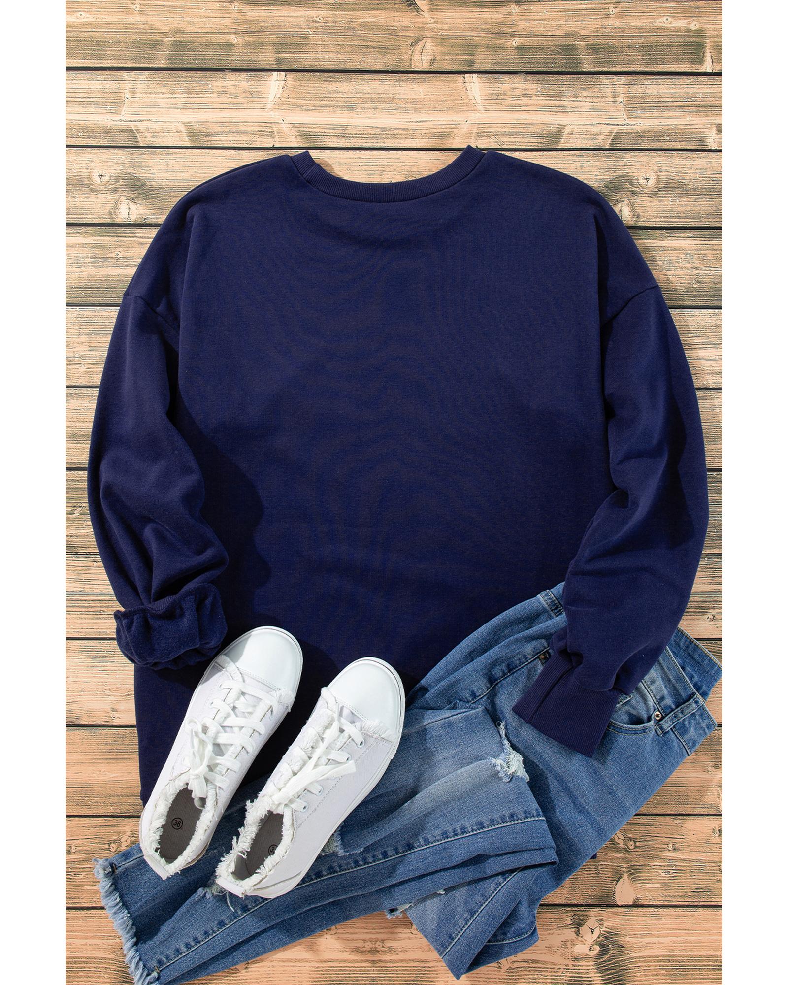 Navy Blue Solid Fleece Lined Drop Shoulder High Low Sweatshirt - L 4