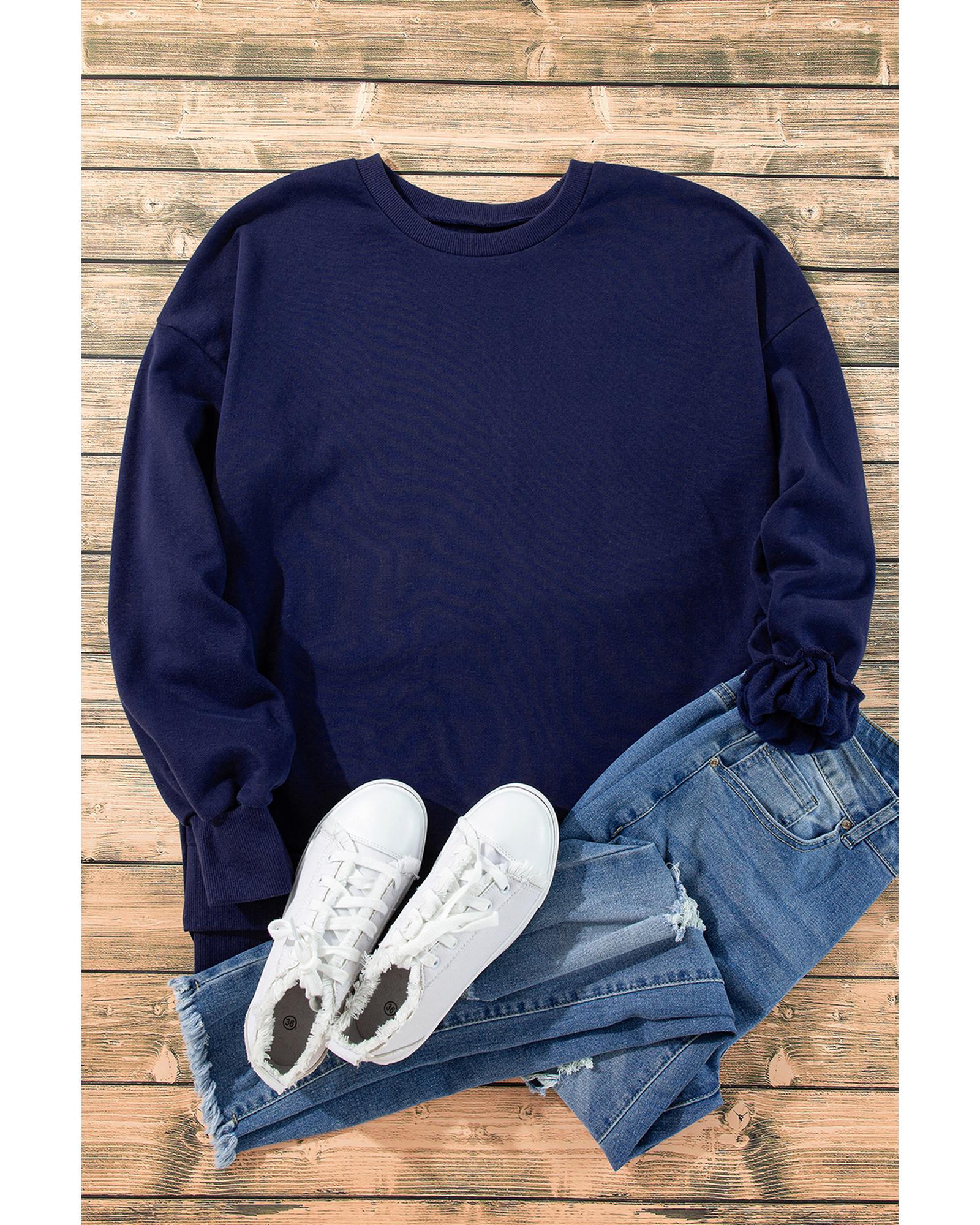 Navy Blue Solid Fleece Lined Drop Shoulder High Low Sweatshirt - L 8