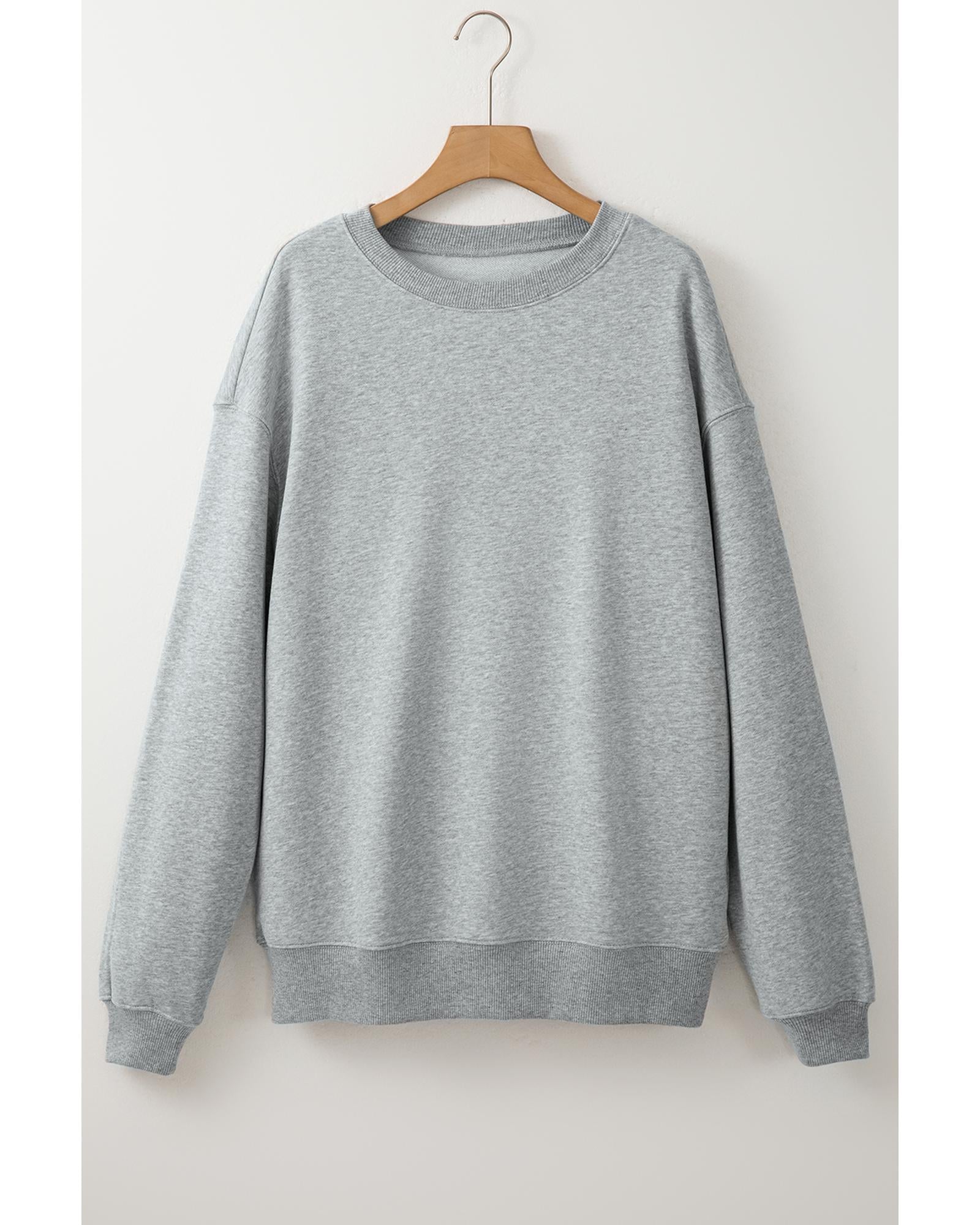 Light Grey Solid Loose Crew Neck Fleece Sweatshirt - L 8
