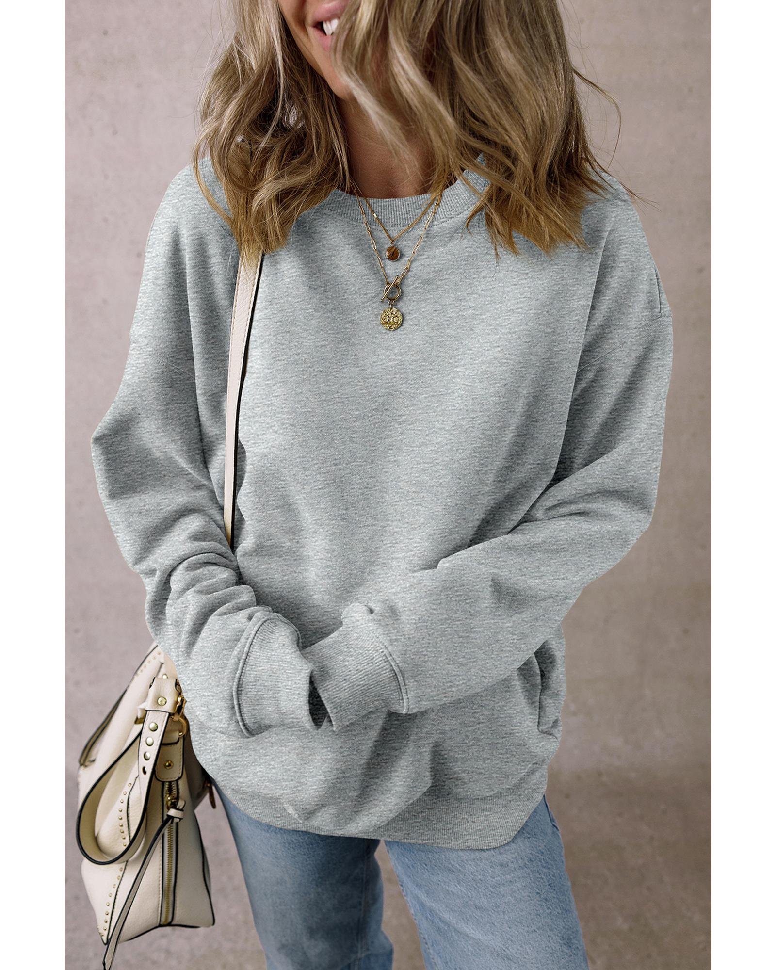 Light Grey Solid Loose Crew Neck Fleece Sweatshirt - M 4