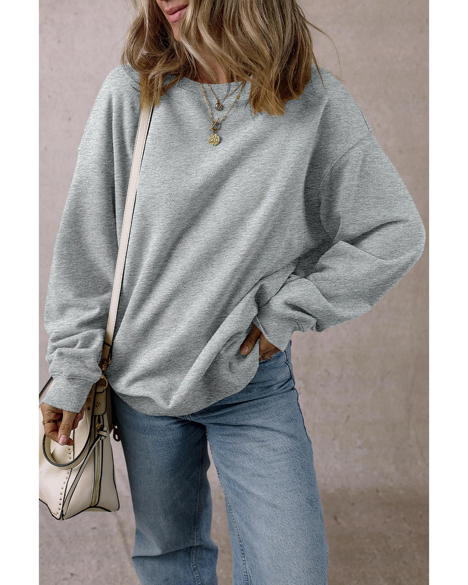 Light Grey Solid Loose Crew Neck Fleece Sweatshirt - M 5