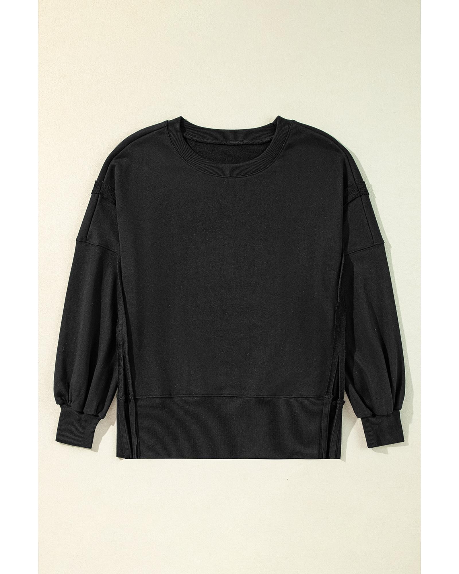 Black Exposed Seam Drop Shoulder Round Neck Sweatshirt with Slits - L 8