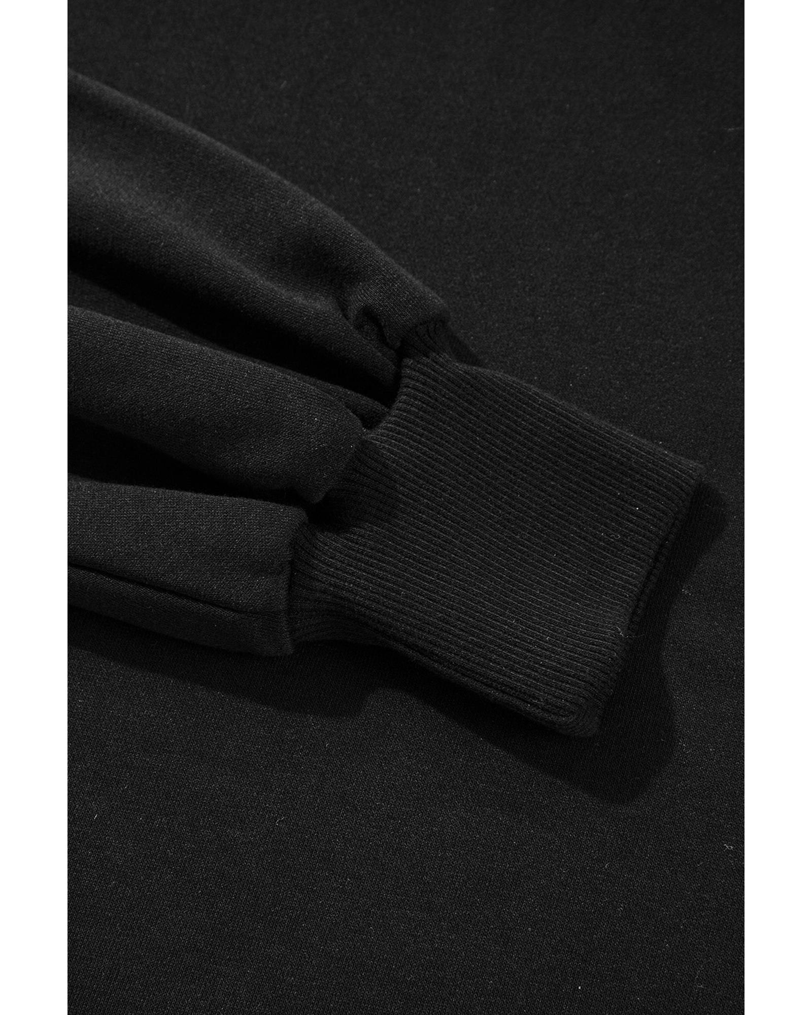 Black Exposed Seam Drop Shoulder Round Neck Sweatshirt with Slits - M 7