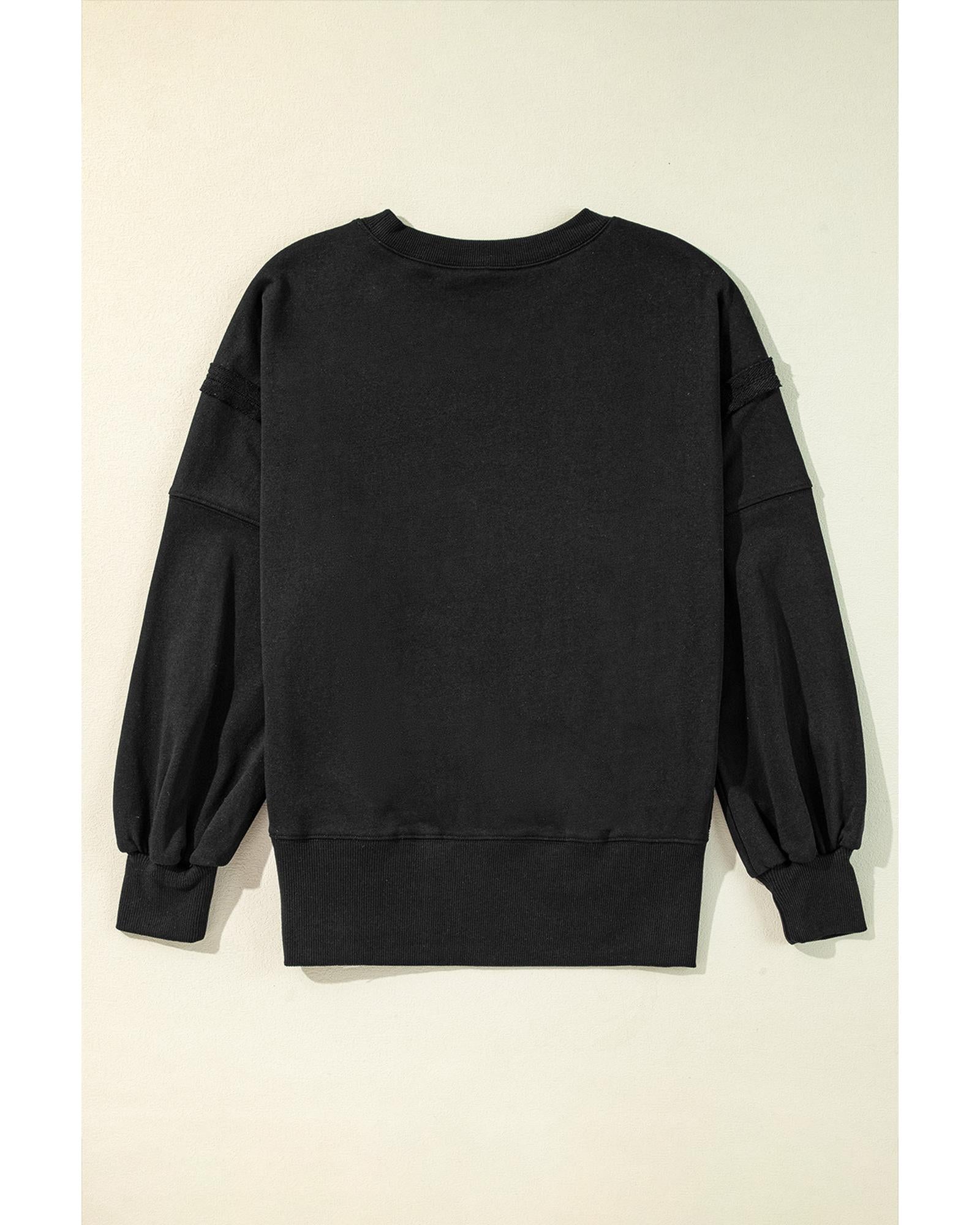 Black Exposed Seam Drop Shoulder Round Neck Sweatshirt with Slits - S 5