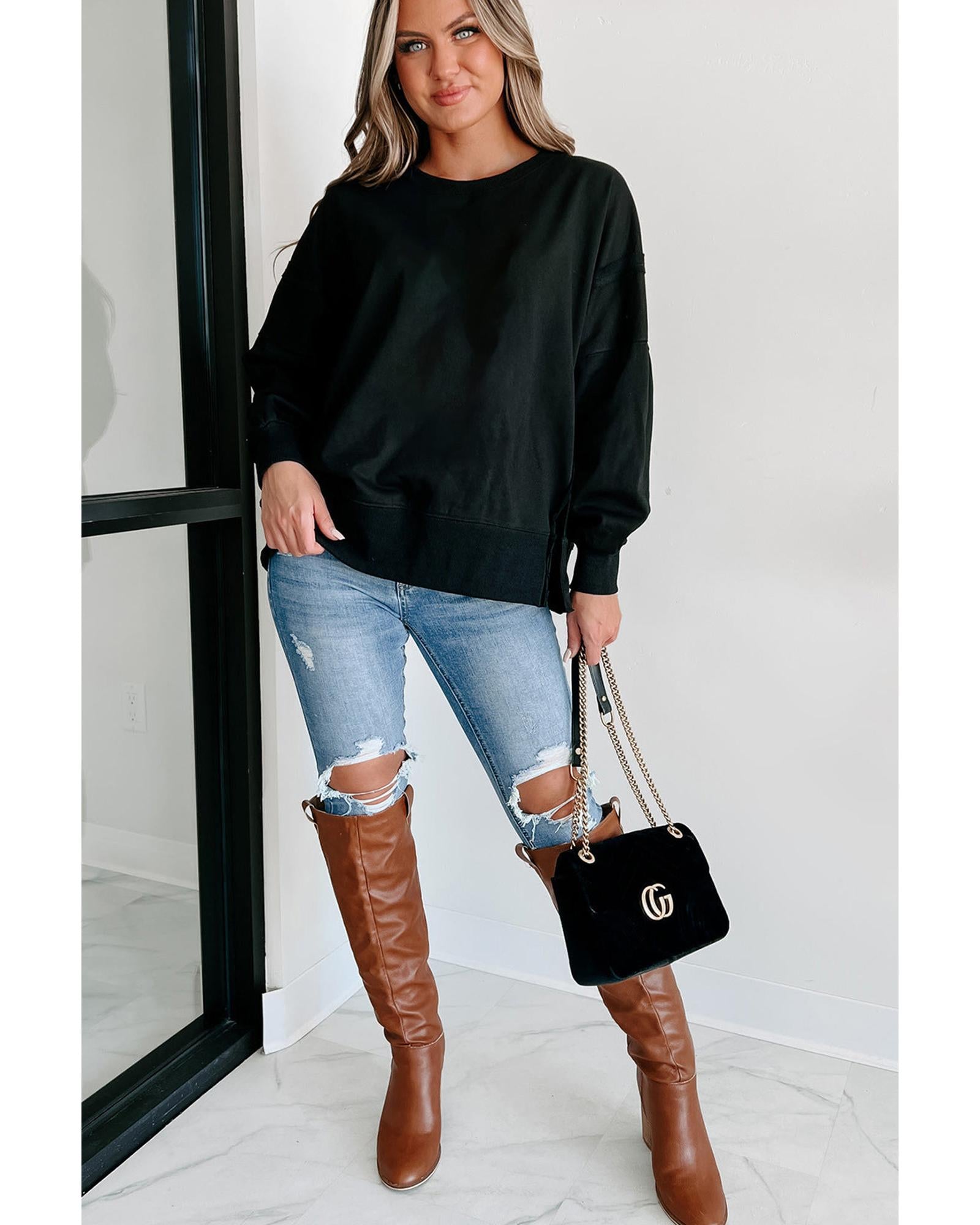 Black Exposed Seam Drop Shoulder Round Neck Sweatshirt with Slits - XL 4