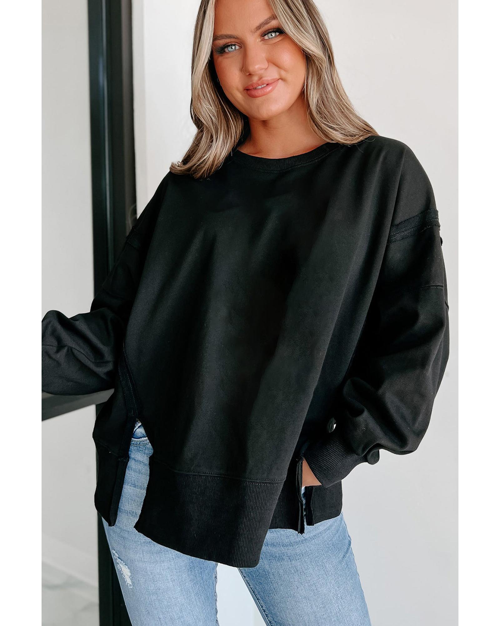 Black Exposed Seam Drop Shoulder Round Neck Sweatshirt with Slits - XL 6
