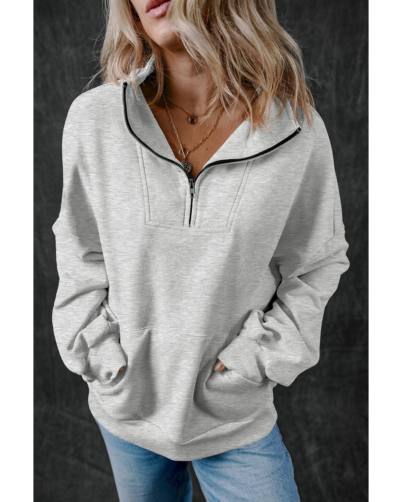 Light Grey Zip-up Stand Neck Kangaroo Pocket Sweatshirt - M 3