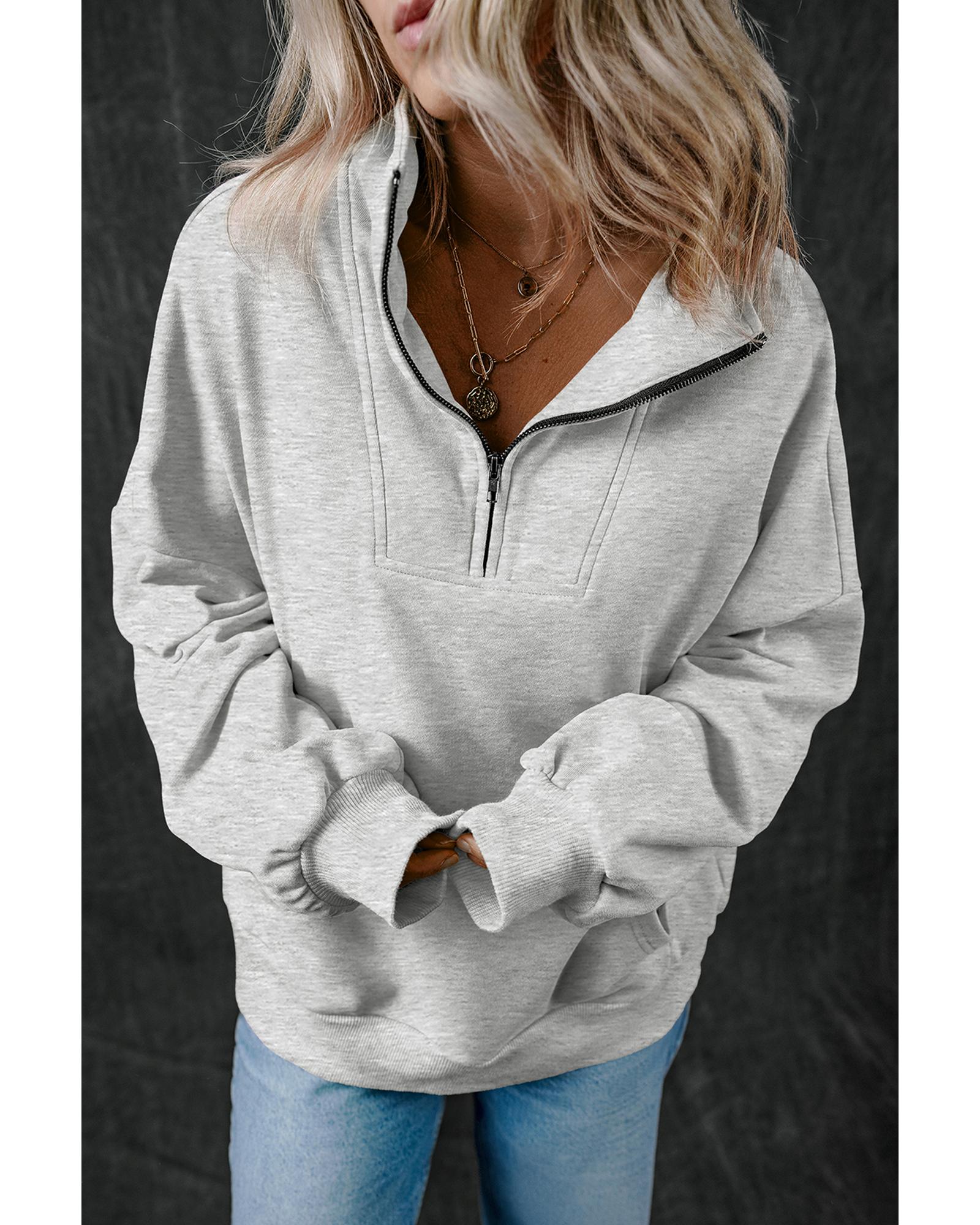 Light Grey Zip-up Stand Neck Kangaroo Pocket Sweatshirt - M 4