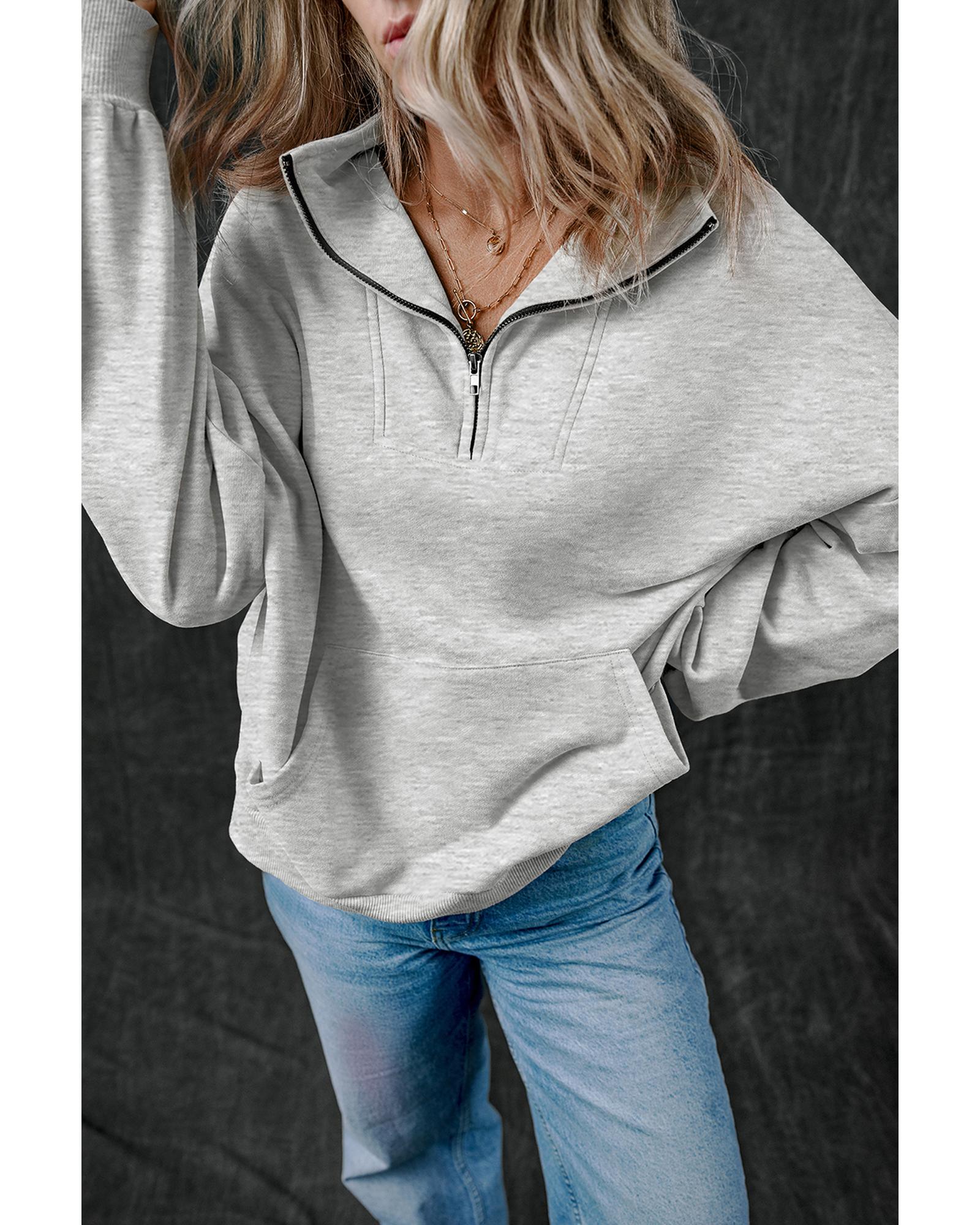 Light Grey Zip-up Stand Neck Kangaroo Pocket Sweatshirt - M 5