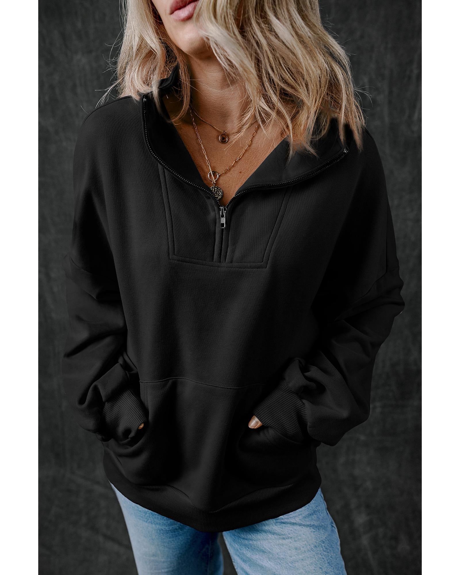 Black Zip-up Stand Neck Kangaroo Pocket Sweatshirt - M 6