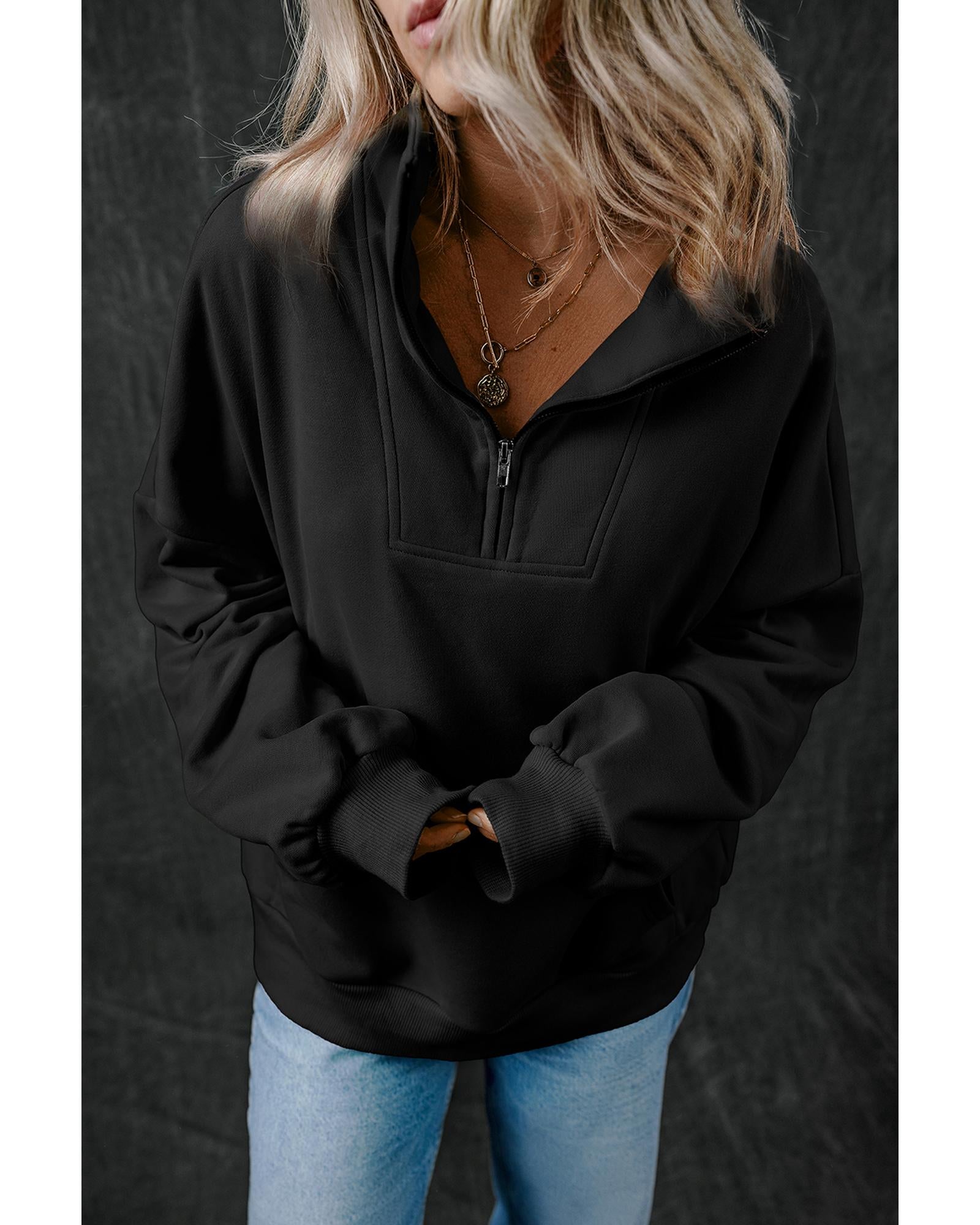 Black Zip-up Stand Neck Kangaroo Pocket Sweatshirt - M 8