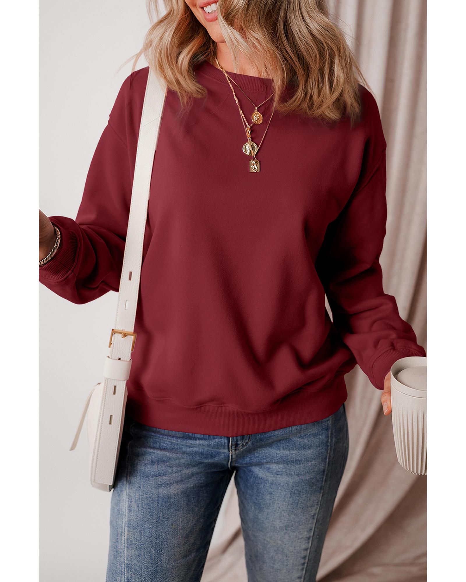 Burgundy Solid Fleece Lined Drop Shoulder Terry Sweatshirt - S 4