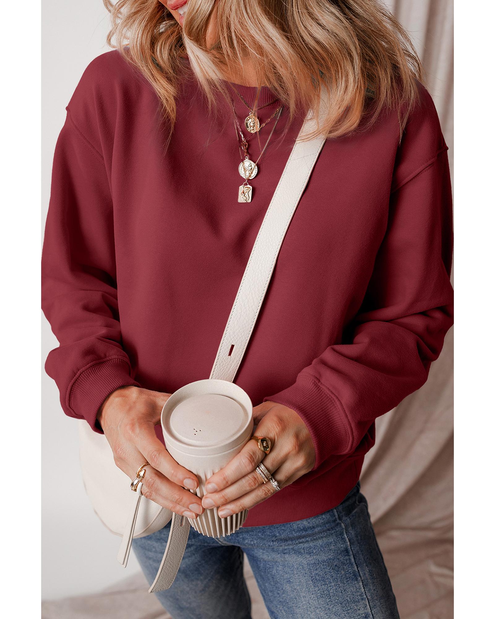 Burgundy Solid Fleece Lined Drop Shoulder Terry Sweatshirt - S 6