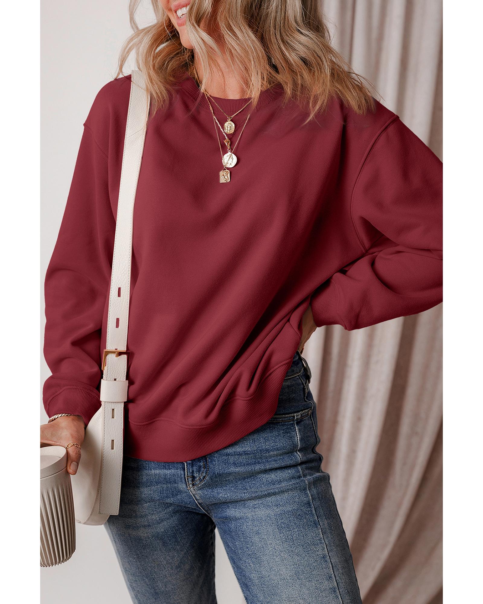 Burgundy Solid Fleece Lined Drop Shoulder Terry Sweatshirt - S 7